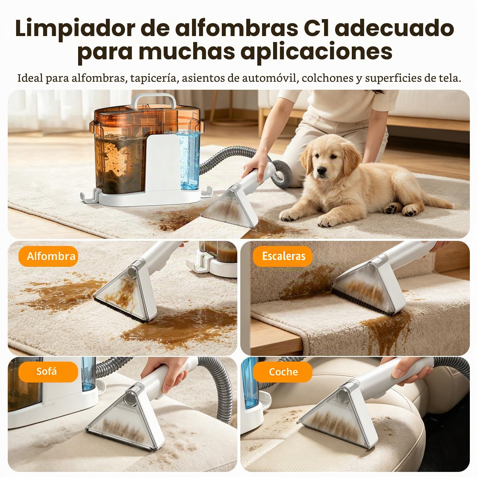 Limpiador de Tapicerias 17kPa Aspiradora de Agua Tapiceria 600W Maquina Limpia Tapicerias para Sofas Alfombras Coche Colchones y Mascotas con Autolimpieza,Depositos Extraibles,Tubos flexible (Marrón)