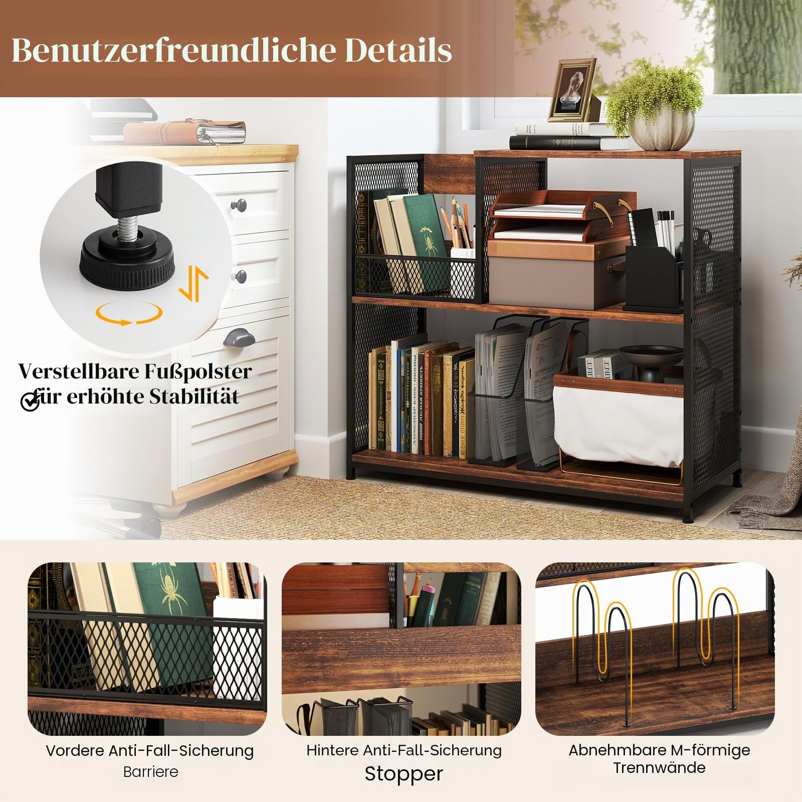 KOMFOTTEU Vinyl-Plattenspielerständer für bis zu 300 Alben, 3-stöckige Schallplatten-Display mit 3 abnehmbaren Trennwänden, Plattenspieler aus Holz und Metall (Braun)