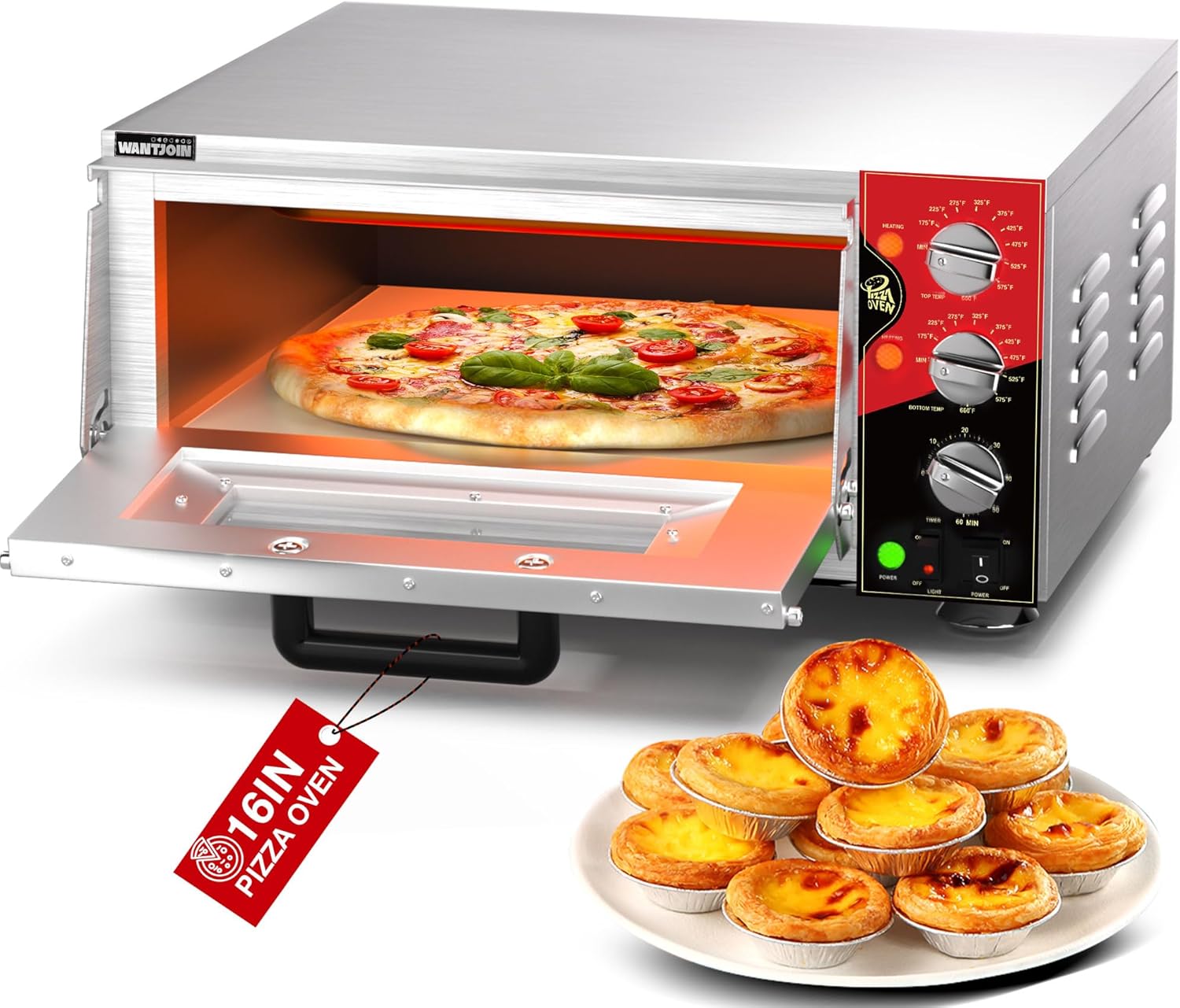 Size 16 color silver WantJoin 16 Inch Indoor Pizza Oven Countertop - ETL Listed, Electric Pizza Ovens with Pizza Stone, 60-Min Ring Timer, for Home and Restaurant, 1600W