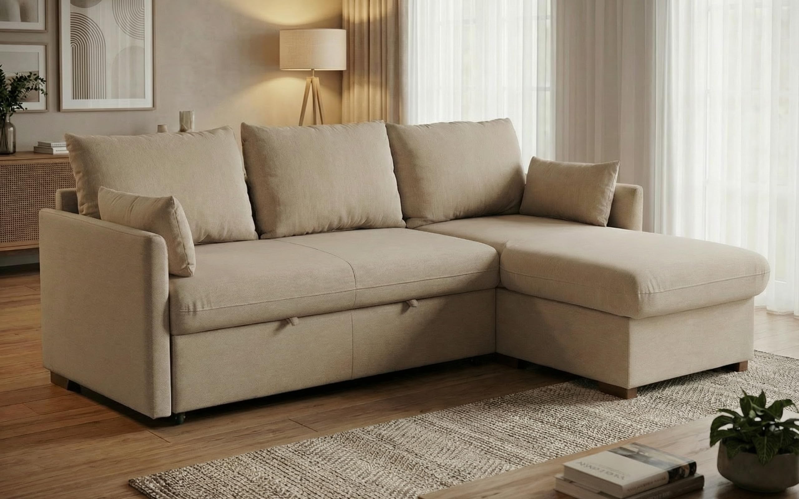 BUDWING Orlando Hogar Sofá Cama 3 Plazas Chaise Longue Esquinero Reversible Izquierda o Derecha con Arcón Tapizado Tela Beige Sofá de Salon Decoración de Hogar Cojines y Tapicería 221 x 162 x 90