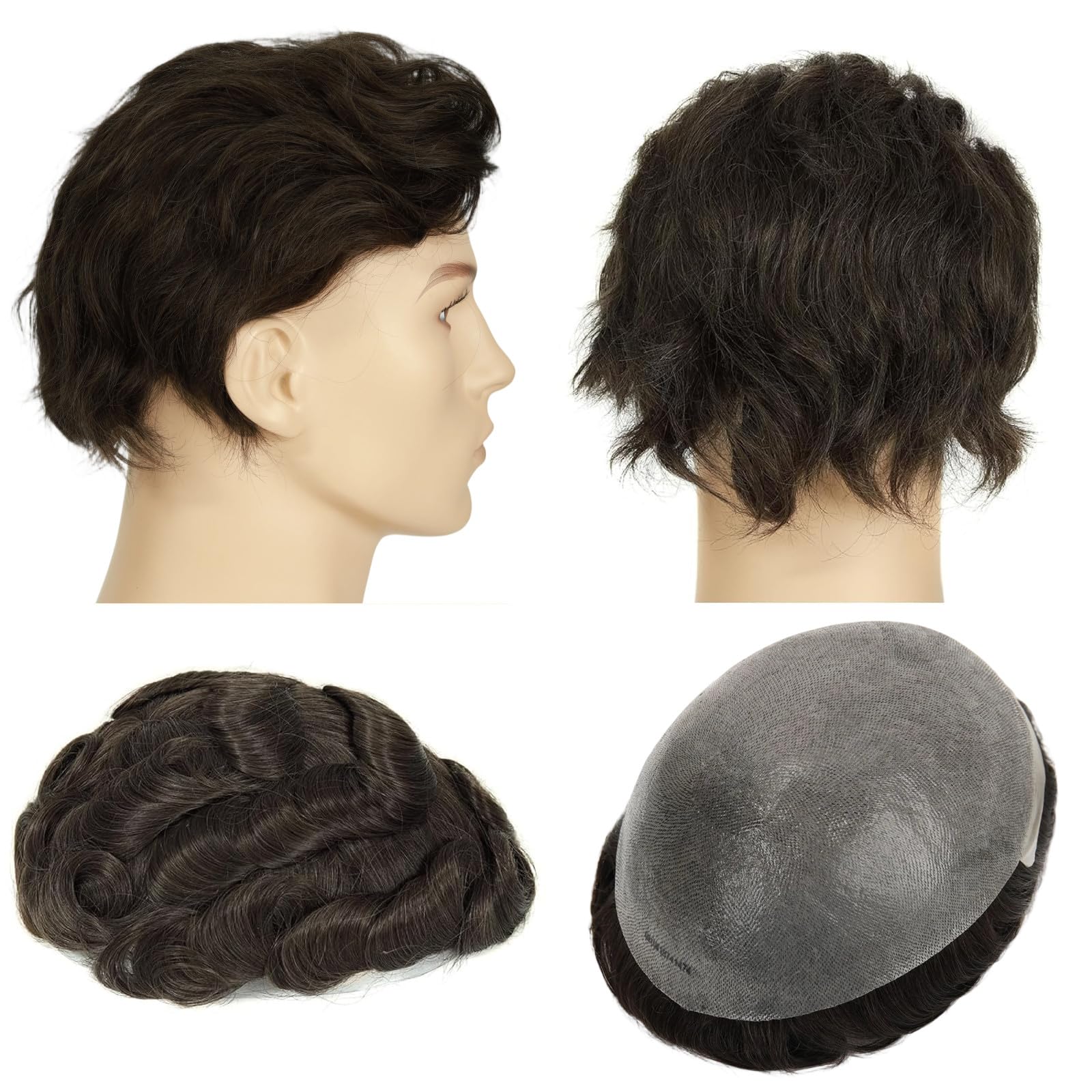 Topunique #3 Dark Brown Toupee for Men with 0.03mm Ultra-Thin Skin Base, Full Knotless V-Looped 90% Light Density Human Hair 8x10