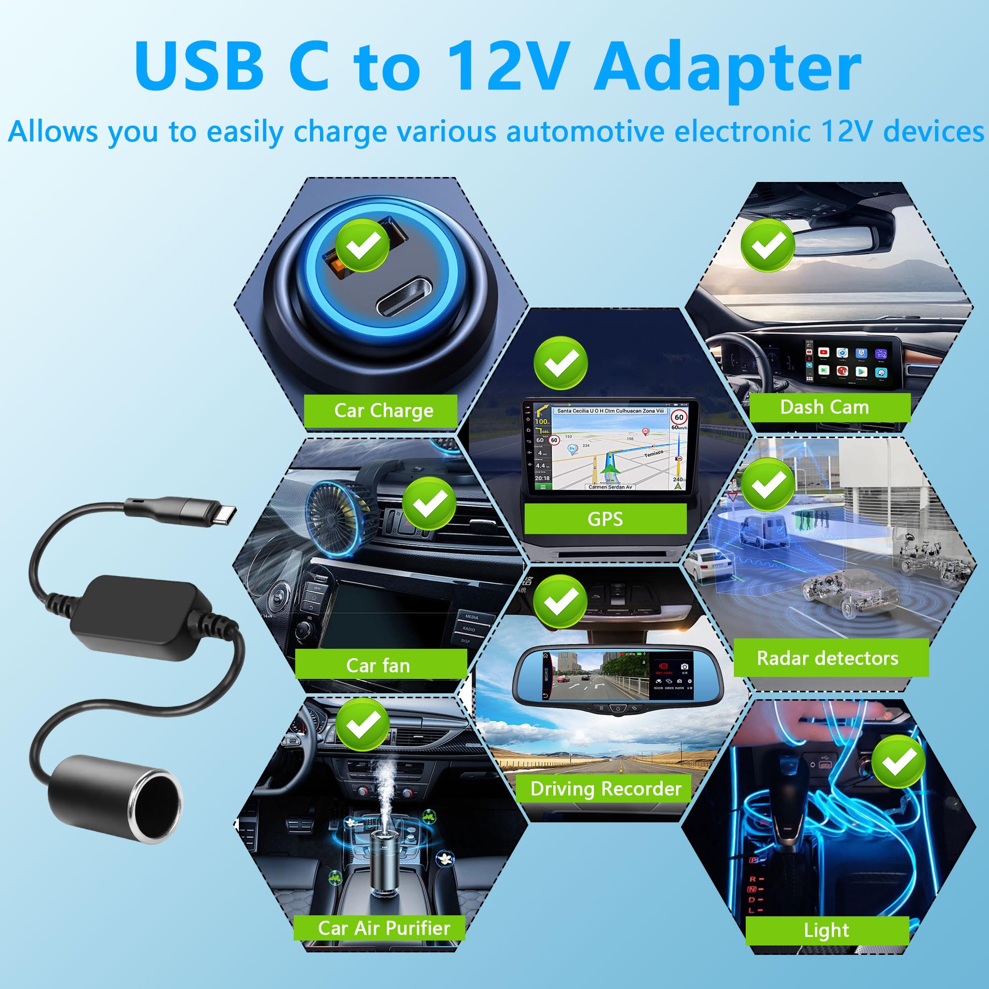 J&D Câble Convertisseur USB C Mâle Vers Prise Allume-cigare