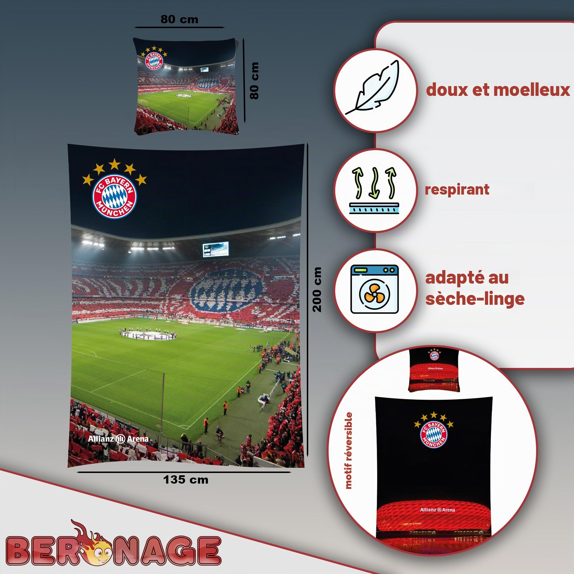 FC Bayern München REKORDMEISTER Parure de lit réversible Brille dans le noir 135 x 200 + 80 x 80 cm 100 % coton Linon de football FCB Allianz Arena Rekordmeister Champions League Taille