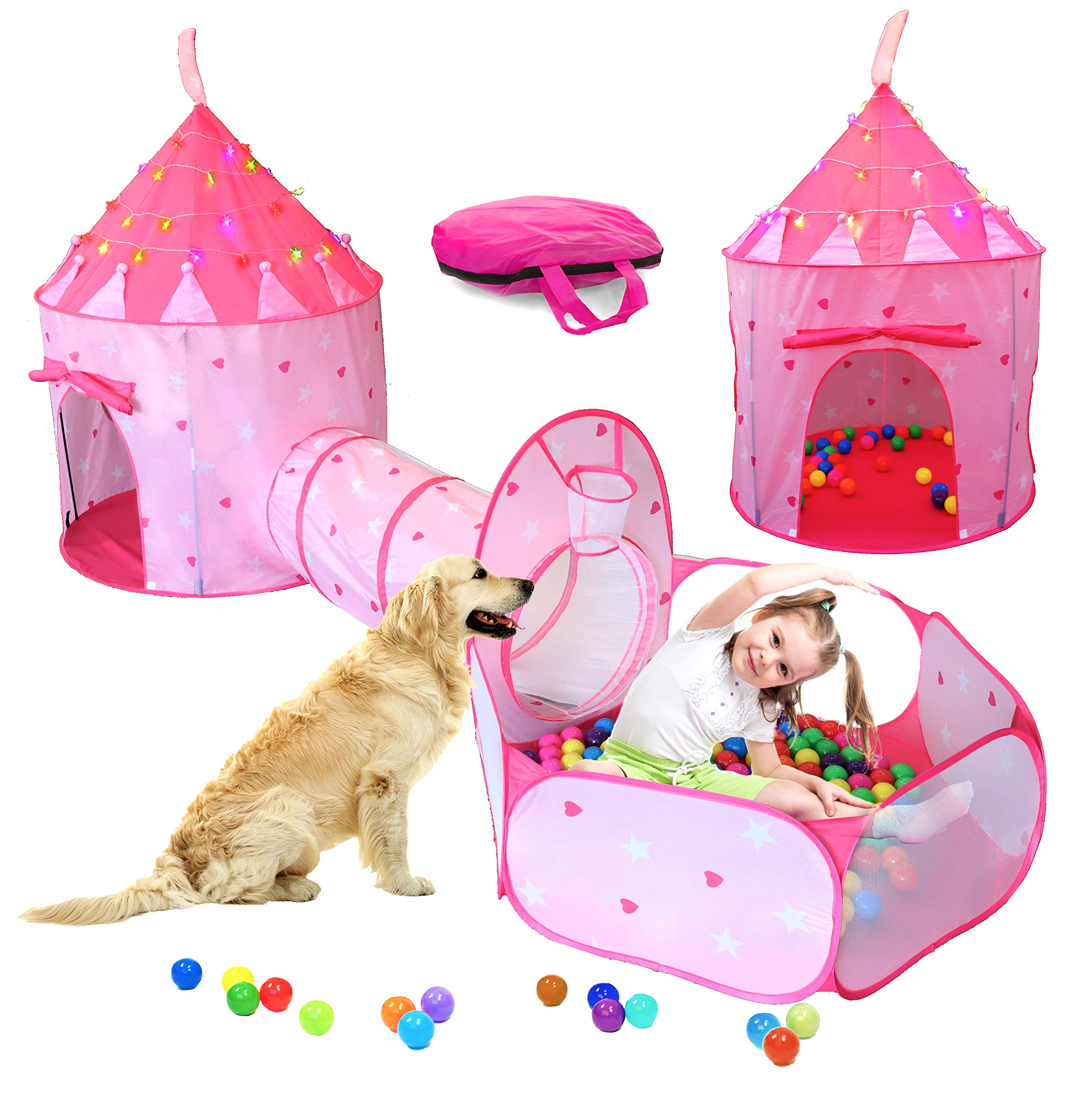 LimitlessFunN 4pc Kids Play Tent, Crawl Tunnel, Ball Pit and Star Lights [ Pop Up Portable Glow in The Dark Stars ] Children Castle Playhouse for Girls & Boys, Indoor and Outdoor, Pink