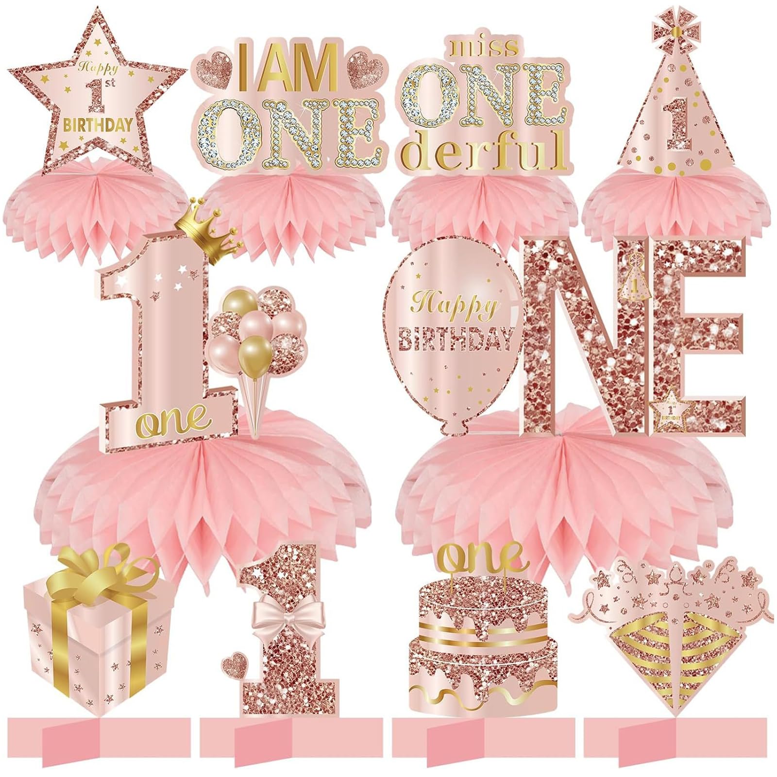 1st Birthday Table Decorations, 10 Pcs Rose Gold Birthday Honeycomb Centerpieces, Cheers to 1 Years Party Centerpieces, 1st Birthday Decorations for Women Girls Party Supplies Favors Celebration