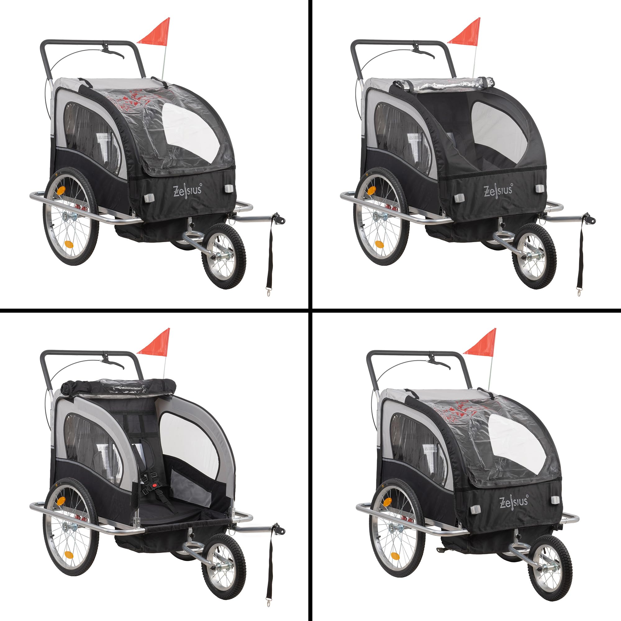 Zelsius Remorque de vélo 2 en 1 pour enfants - Remorque 2 en 1 avec fonction jogging - Remorque de vélo pour enfant - Chariot de transport, poussette de poussette pour enfant - Poussette de jogging