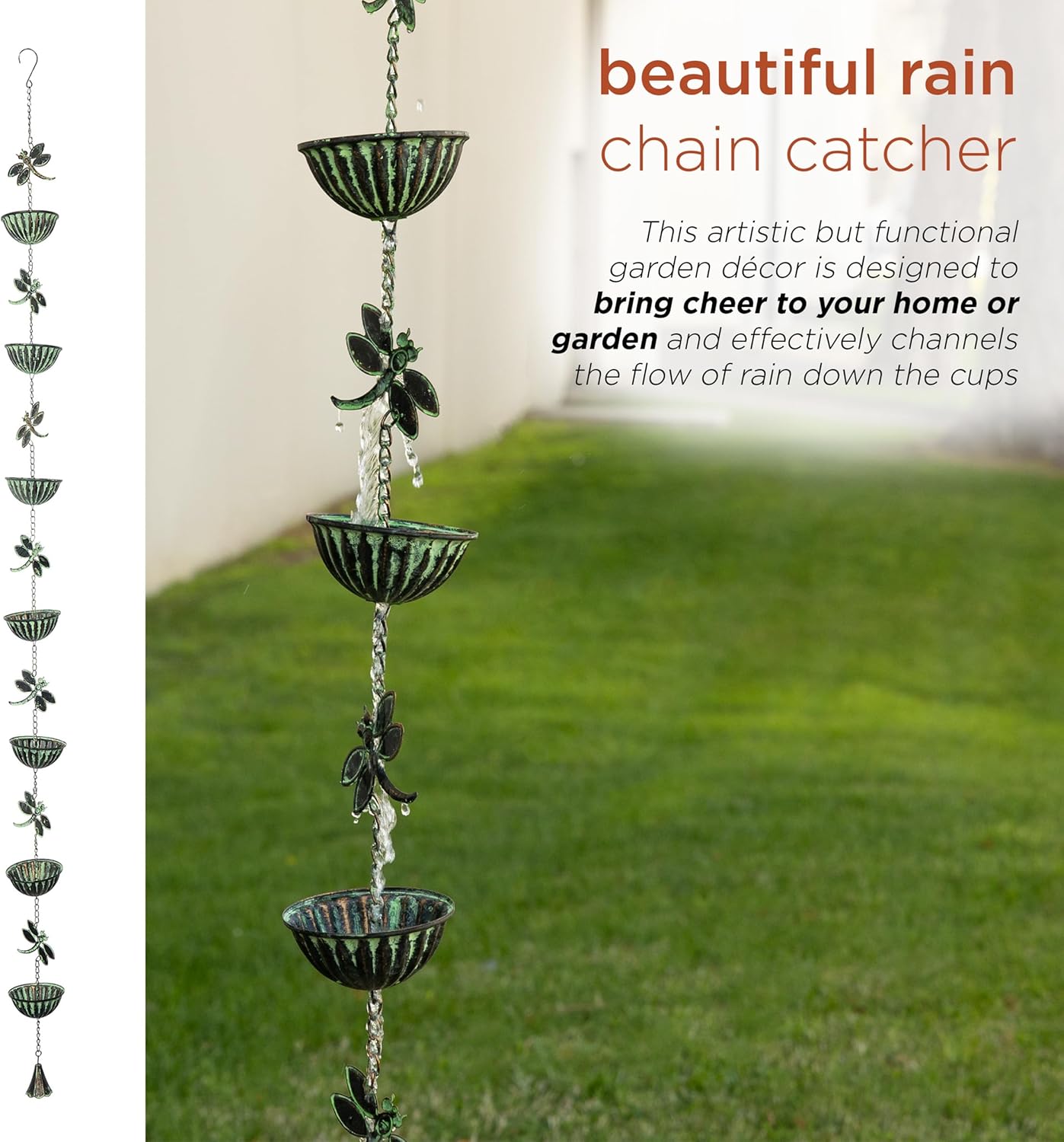 Alpine Corporation QES142HH Metal Hanging Dragonfly Chain Rain Catcher, Stylish Décor for Garden, Patio, & Lawn, 74" H