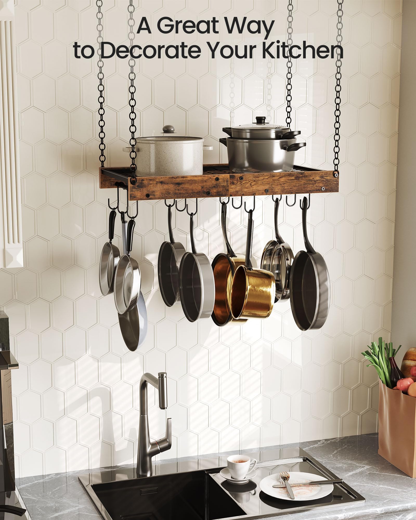 CHOEZON Colgador de Ollas, Soporte para Sartenes Suspendido del Techo, Estante de Cocina, Estilo Industrial, 12 Ganchos, Almacenamiento de Utensilios, Negro y Marrón Rústico DTPR01BF