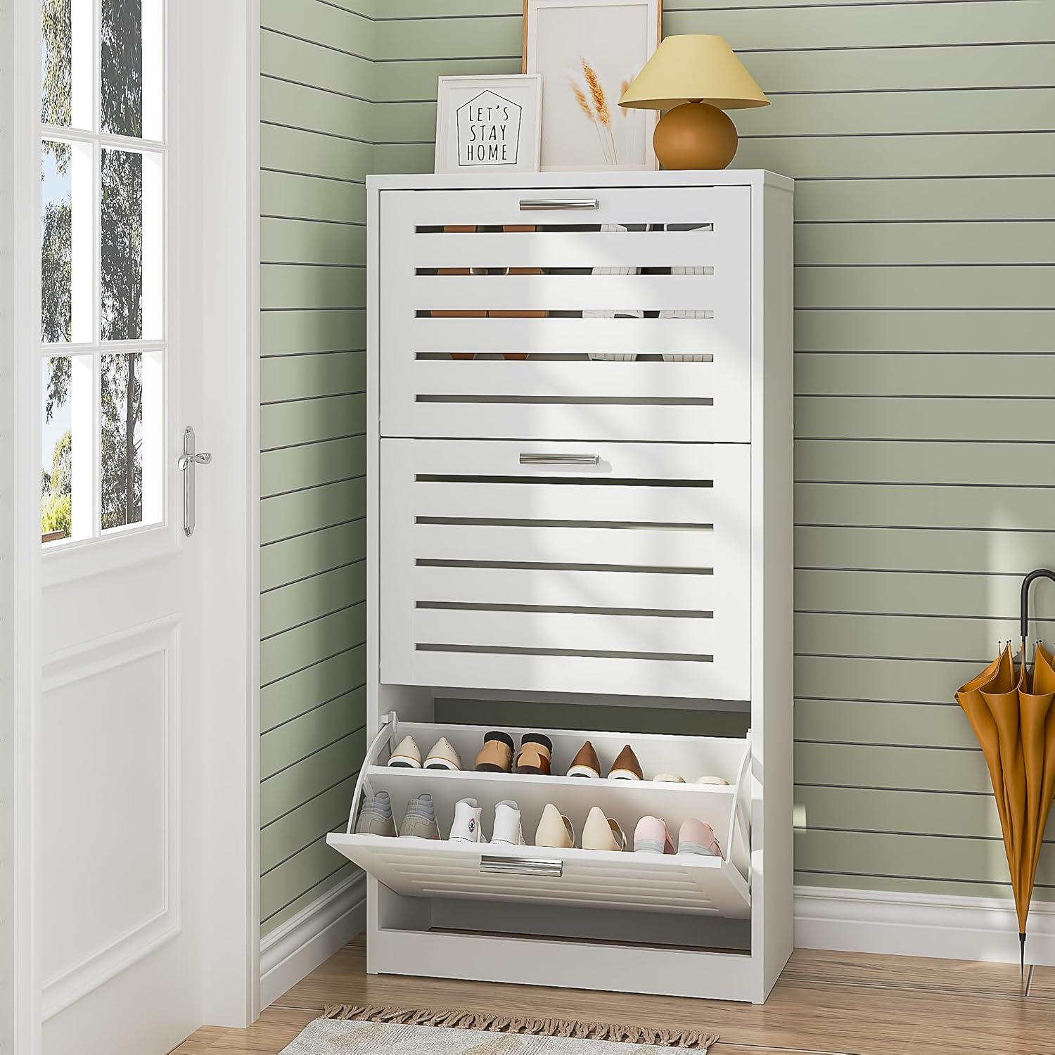 VECELO Shoe Cabinet Storage for Entryway with 3 Flip Drawers Slim Hidden Free Standing Organizer for Narrow Hallway, Bedroom, Living Room, Large Capacity, Modern, White, 3-Shelf