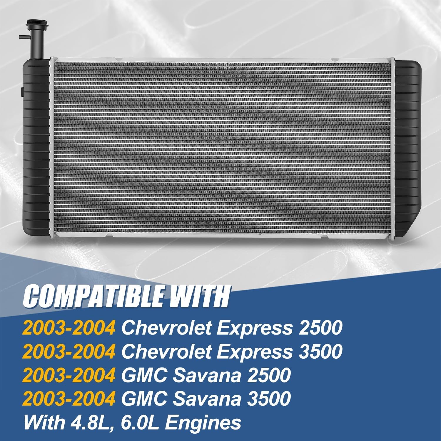 Auto Dynasty Radiator Compatible with 2003-2004 Chevy Express GMC Savana 2500 3500 4.8L 6.0L, DPI 2713 Aluminum Core Radiator Replacement with TOC & EOC, 1-Row, 1-5/16" Inlet / 1-9/16" Outlet