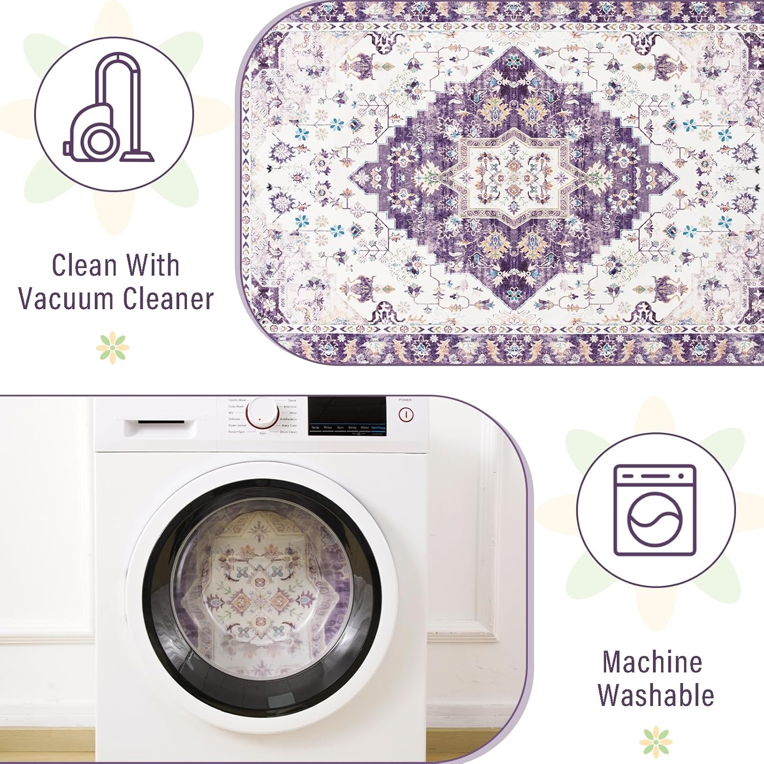 Amearea Vintage Design Area Rugs for Living Room, 5x8 Machine Washable Floral Collection Traditional Bedroom Rug, Low Pile Cute Kids Room Print Carpet, No Slip Office Kitchen Home Decor, Purple - Image 9