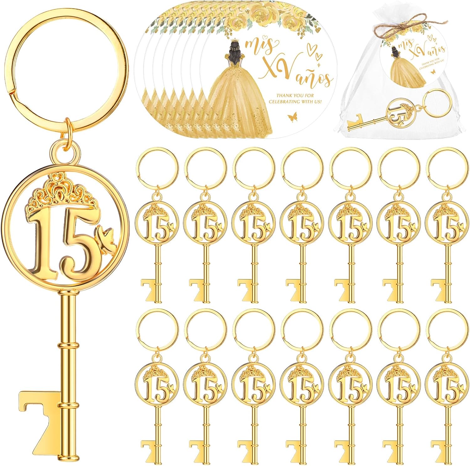 Sliner 50 Sets Quinceanera Party Favors for Guests 15 Birthday Keychain 15 Years Old Bottle Opener Thank You Tags Quinceanera Gift Birthday Quince Party Souvenirs for Girl Adults (Purple)