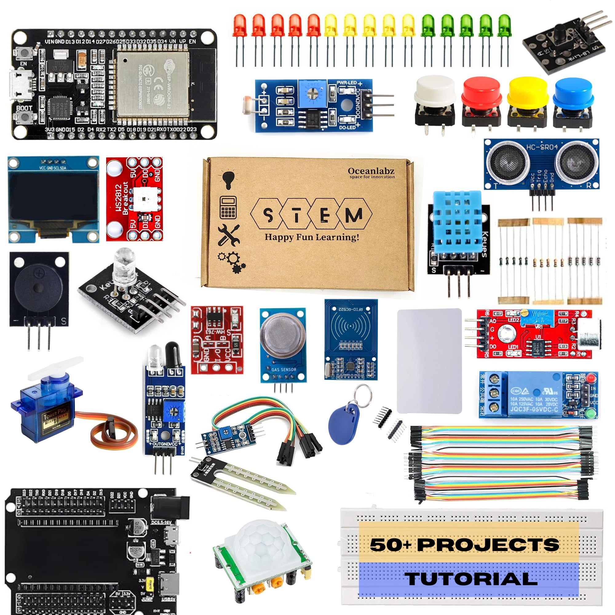 OceanLabz DIY Wireless IOT Super Starter Kit with ESP32 Controller Board & Expension Board | 30+ Project Online Tutorials & 30+ Challenges | Compatible with UNO, RPi, ESP32, Mega | 24+ Components