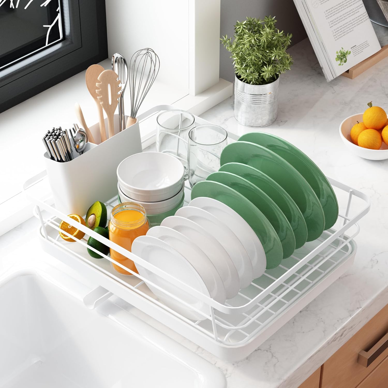 Kitsure Dish Drying Rack- Space-Saving Dish Rack, Dish Racks for Kitchen Counter, Stainless Steel Kitchen Drying Rack with a Cutlery Holder, 12''W x 15''L, White White 12''W x 15''L