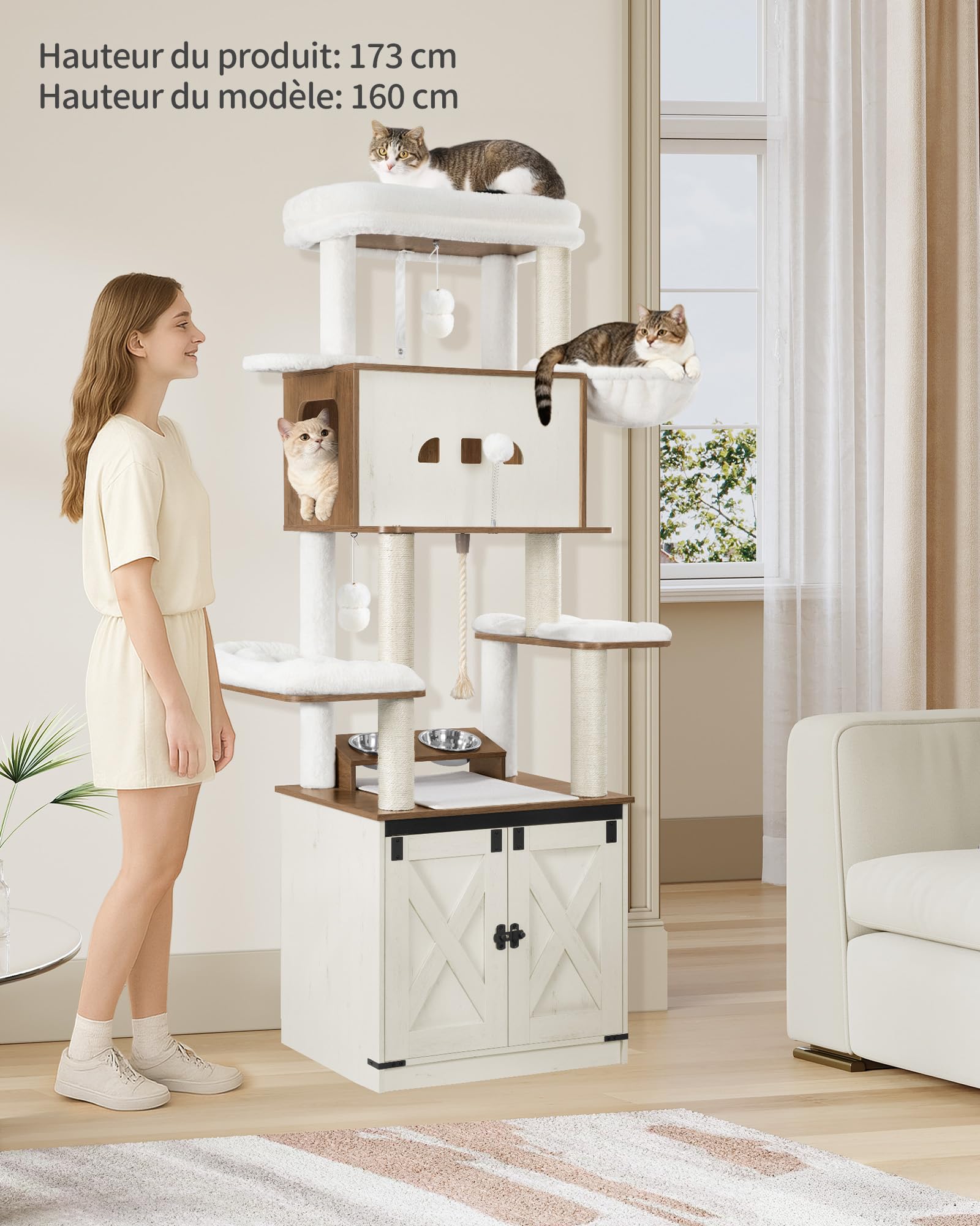 Hzuaneri Arbre à Chat avec Meuble Litiere Chat, Mangeoire, Hauteur 173 cm, avec Grande Plateforme, Corde en Sisal, Hamac, Coussin Lavable, Balles en Peluche, Blanc et Marron CB89014WT