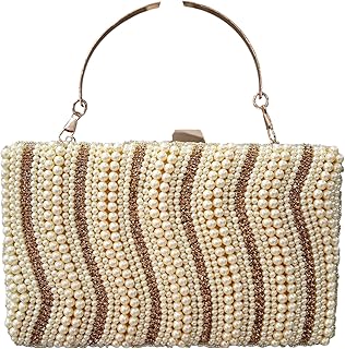 nusmaira Elegant Pearl Evening Clutch Handbag with Rose Gold Stripes, Metal Handle, Beaded Party Purse-picture-12