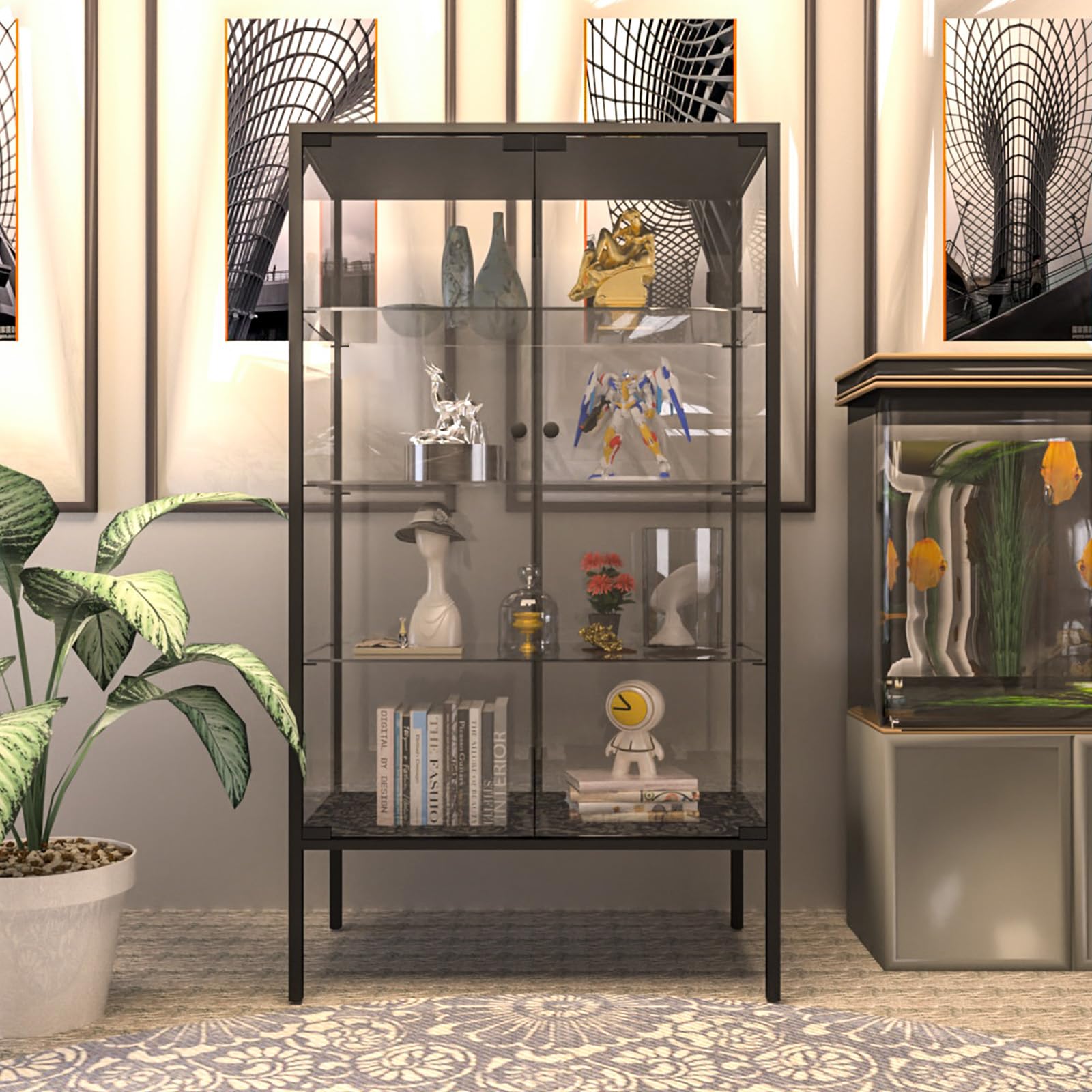 LFT HUIMEI2Y 4-Tier Glass Display Cabinet, Iron Frame Display Case
