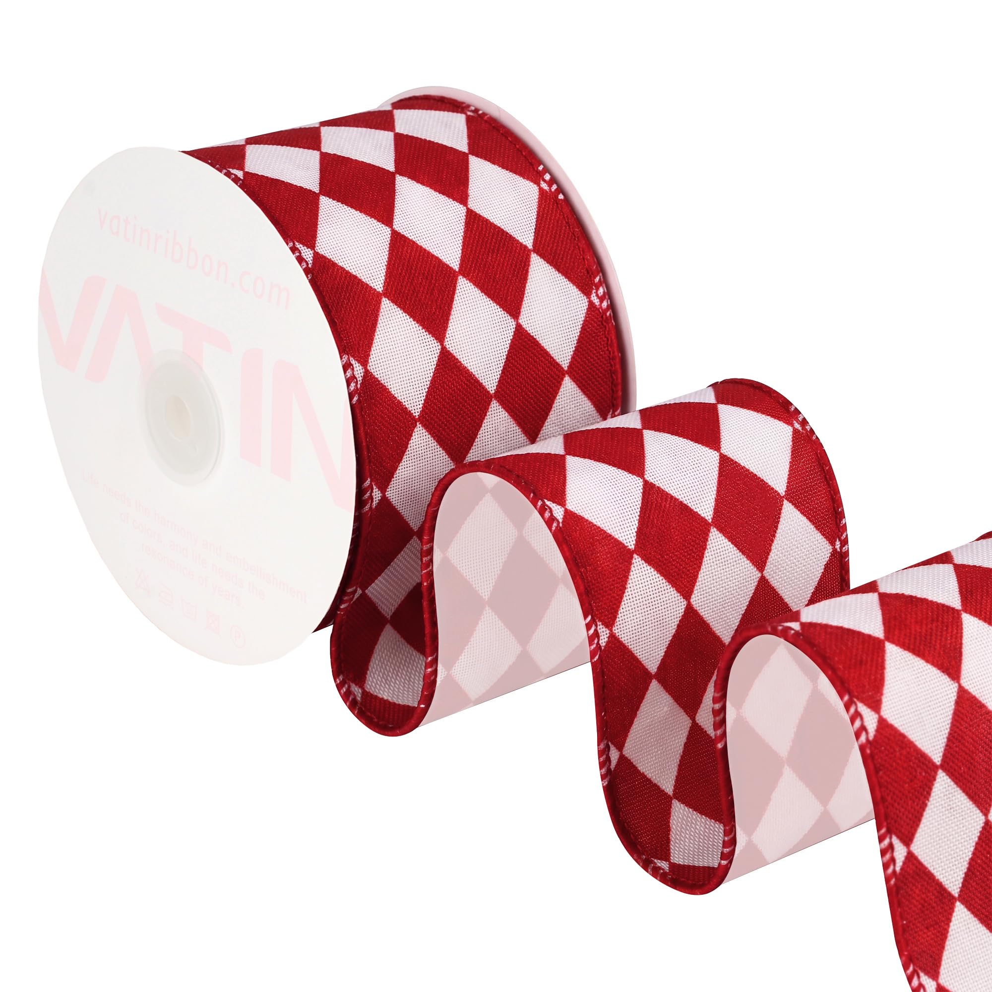 VATIN Red White Argyle Diamond Check Wired Ribbon, 64 MM x 9 M