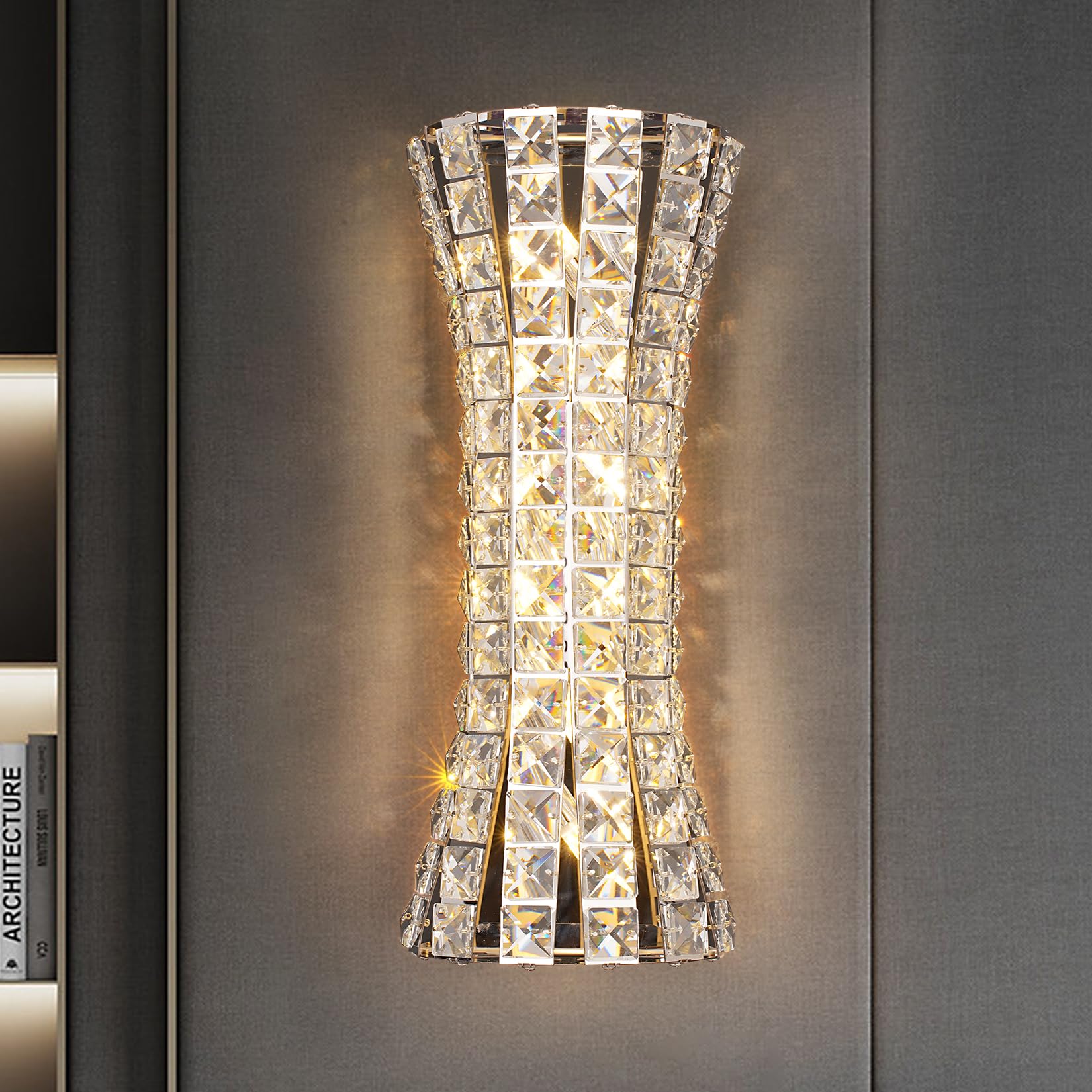 JUJUQI Crystal Wall Sconces,Modern Wall Light Fixtures,Luxury Indoor Chrome Wall Lamp for Living Room Bedroom Bathroom Hallway Doorway Stairway,Bedside,Tricolor Vanity Lighting Fixture