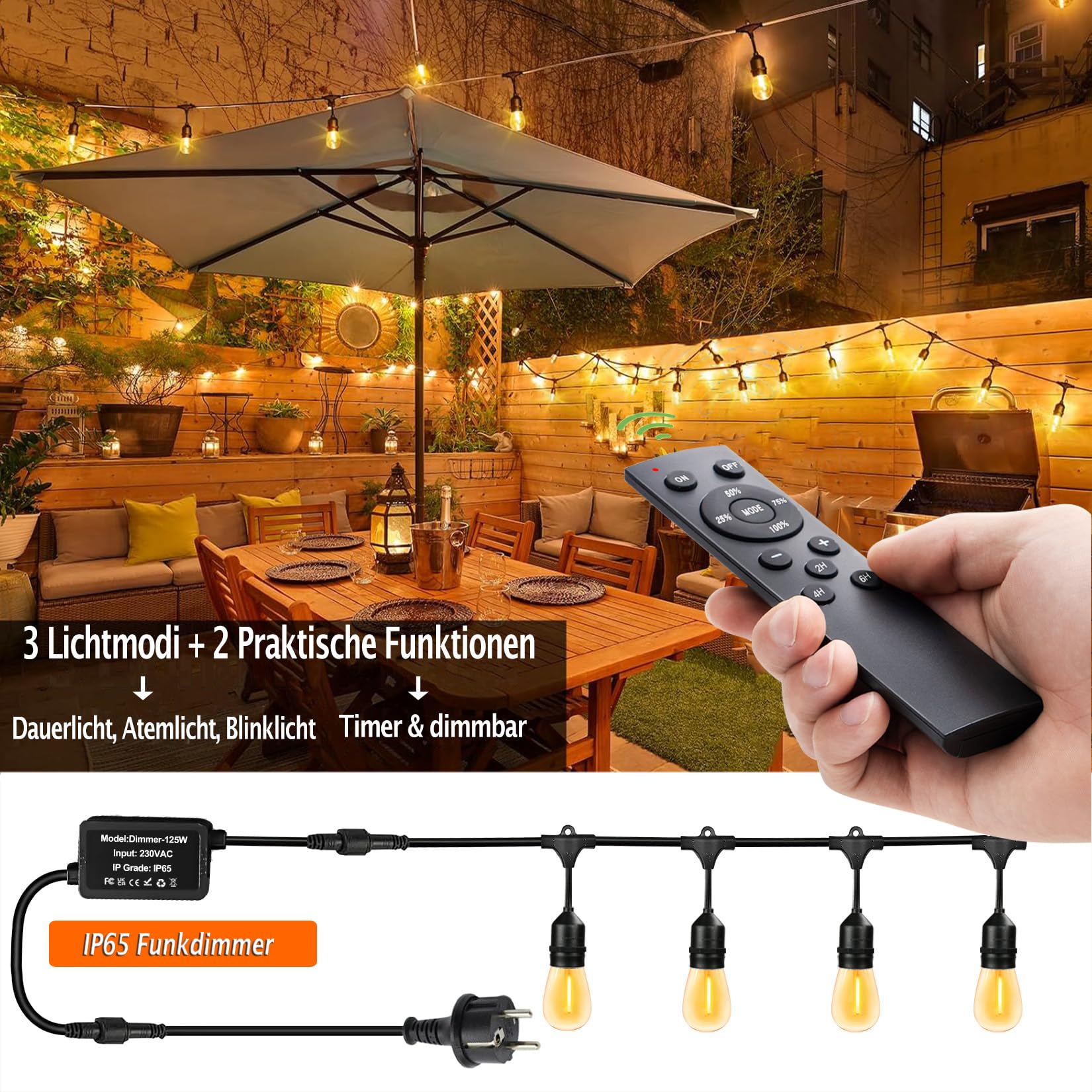 30M LED Lichterkette Außen E27 IP65 mit Funkfernbedienung & Dimmfunktion | S14 Stromlichterkette mit 32 birnen, 2700K Warmweiß, Dimmung & Timer & 3 Lichtmodi, Ideal für Terrasse, Garten und Hochzeiten