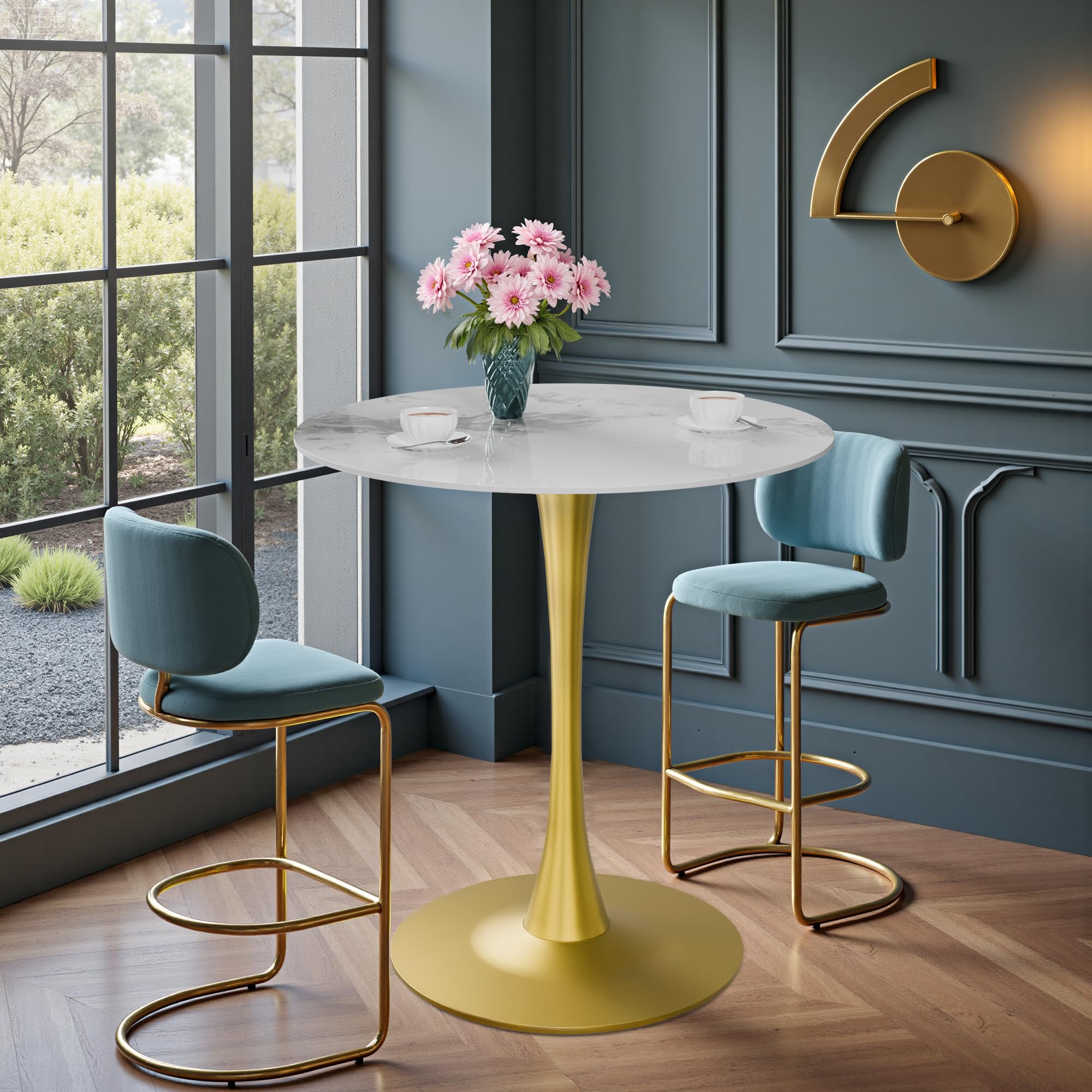 FATIVO Round Breakfast Bar 100cm : Diameter 76cm Tall Bar Table with Rich Texture White Marble Sintered Stone Top with Large Golden Base - Space-Saving Kitchen Bars Table for Home, Pub & Coffee Shop
