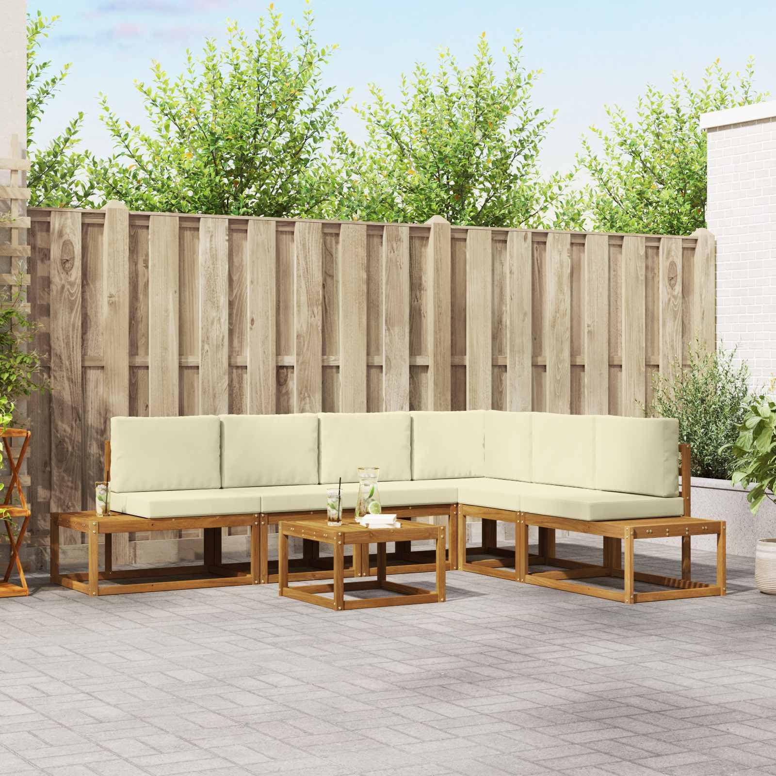 Sofa outdoorowa 7-częściowy zestaw z poduszkami, modułowa sofa ogrodowa z litego drewna akacjowego w kolorze naturalnym i kremowym, wzór oparcia listew do ogrodu, na taras lub basen