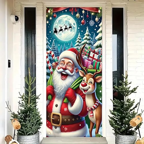 Miniatura 15 de Cartel de Feliz Navidad para puerta, feliz año nuevo, 35 x 71 pulgadas, cubierta roja de puerta delantera de Navidad con copos de nieve y letras