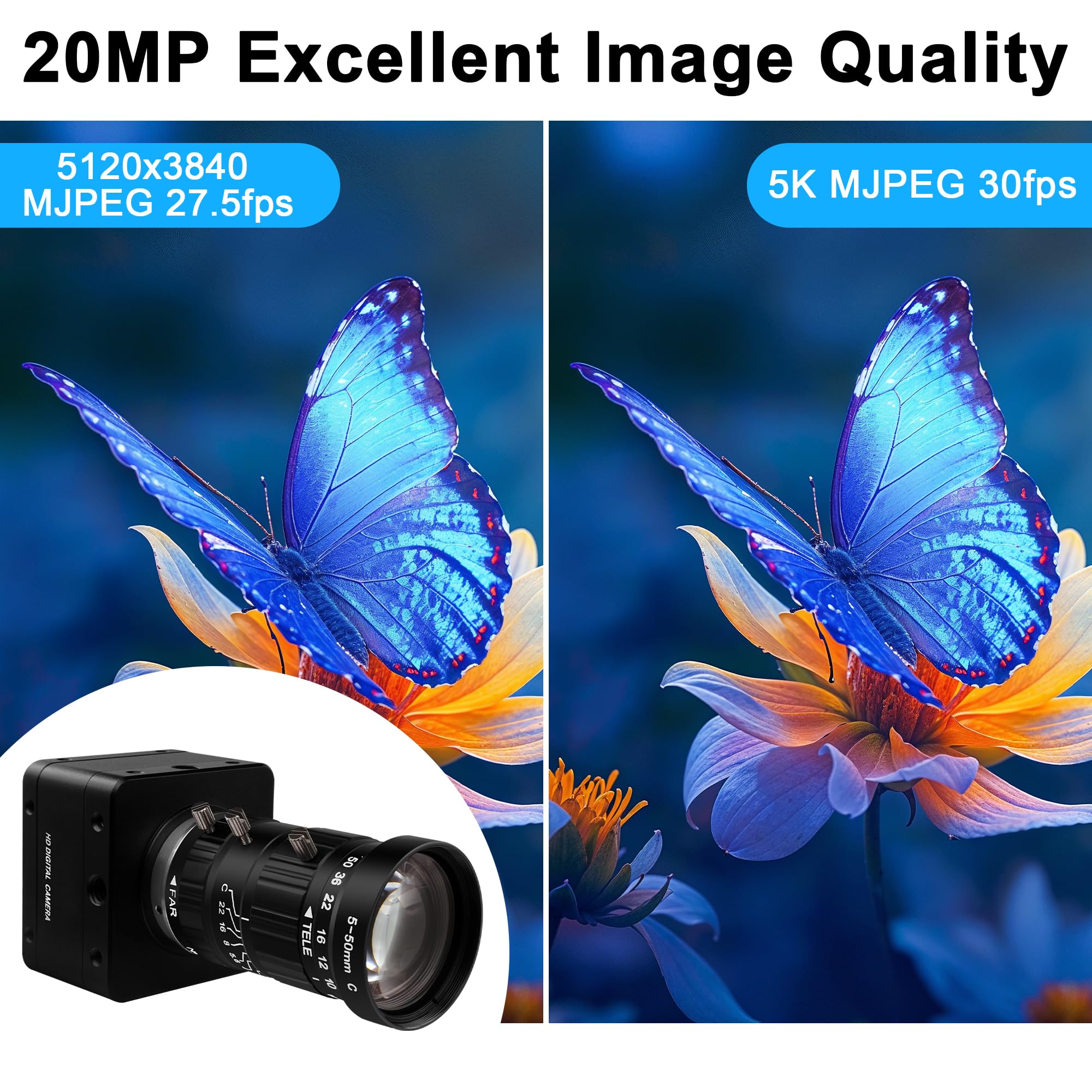 Svpro Fotocamera USB 3.0 da 20 MP, webcam ultra HD 5K con messa a fuoco manuale e obiettivo CS Mount da 5-50 mm, zoom ottico 10x, AR2020, fotocamera UVC ad alta risoluzione per computer e laptop