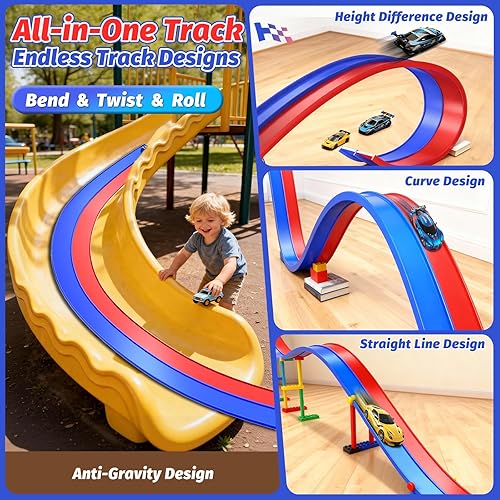 Miniatura 2 de Pista de carreras de doble carril con ventosas, pista de carreras flexible portátil enrollable, ventosas fundidas a presión 164 juguetes para edades