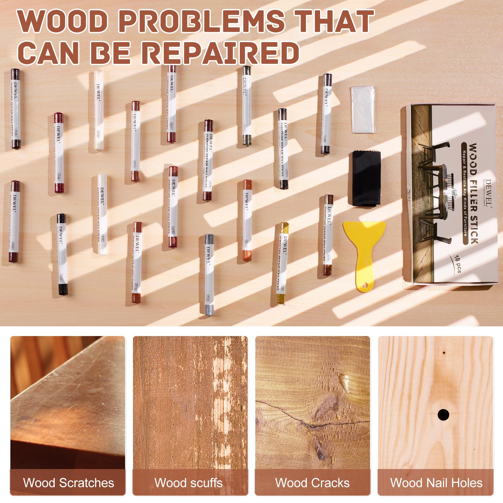 SEISSO Wood Filler Sticks 18 Colors - Furniture Repair Crayons For Scratches & Holes With Sharpener