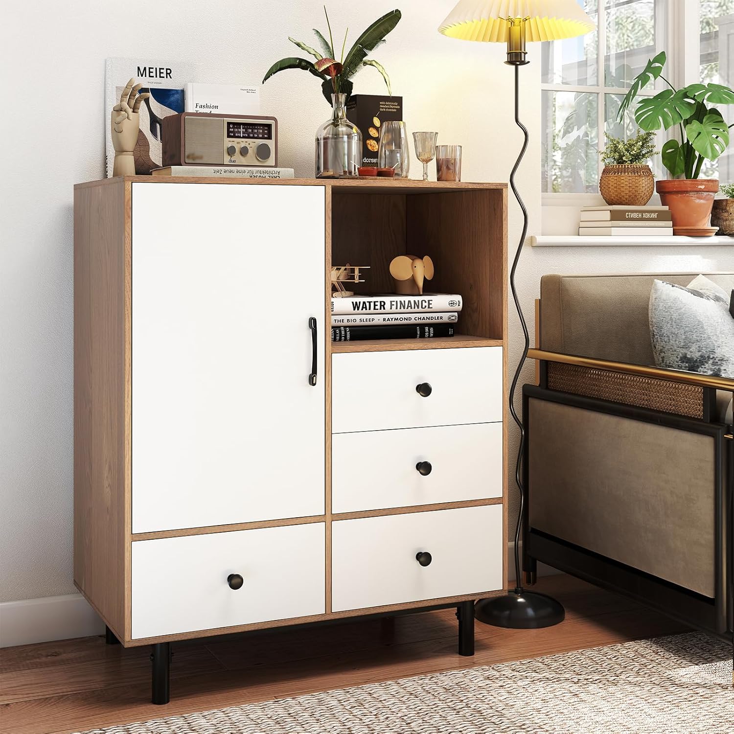 Giantex Storage Cabinet with 4 Drawers, Door and Open Compartment, 18" x 31.5" x 38.5" Inches, Metal Support Legs, Freestanding Side Cabinet, Buffet Sideboard for Living Room, Dining Room, Entryway