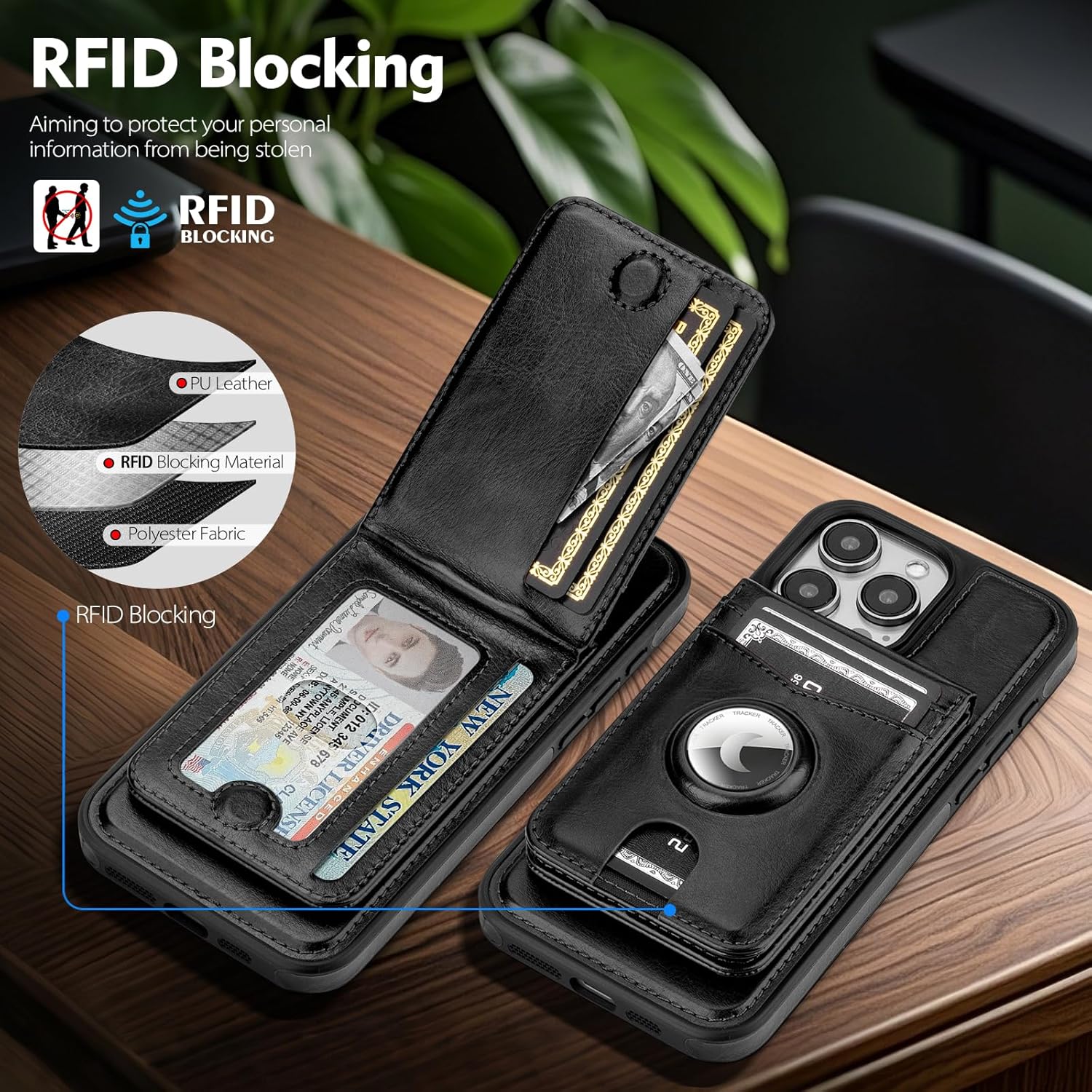 Compatible with MagSafe iPhone 15 Pro Max Case Wallet with AirTag Holder,2 in 1 PU Leather Magnetic Detachable RFID Blocking Credit Card Holder Flip Cover Kickstand for Men Women,Black - Image 3