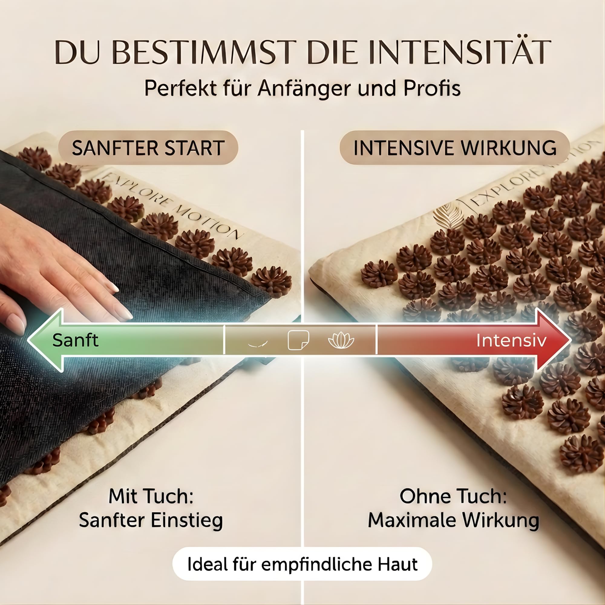 Tappetino di Agopressione Premium 6 in 1 - Edizione Sandstone | Massaggio schiena e cervicale contro stress e tensioni | Con cuscino, tappetino extra, palla da massaggio e borsa | Senti la differenza