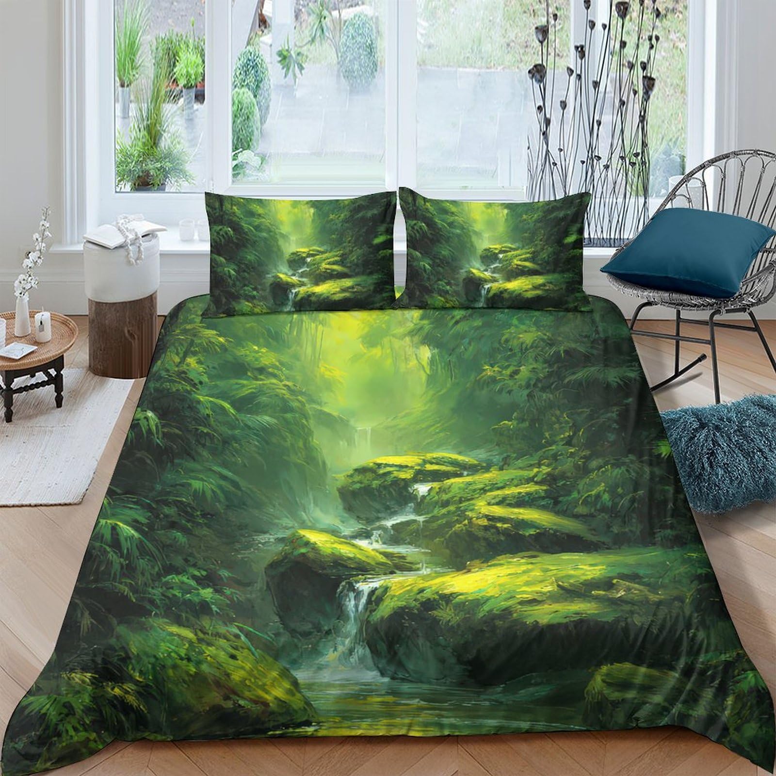 Ctjqhvkz Style-3 3D Printed Forest Stream Fitted Sheet Microfiber Soft Touch Mossy Rock Bed Cover For Bedroom Guest Room Decor Single（135X200cm）