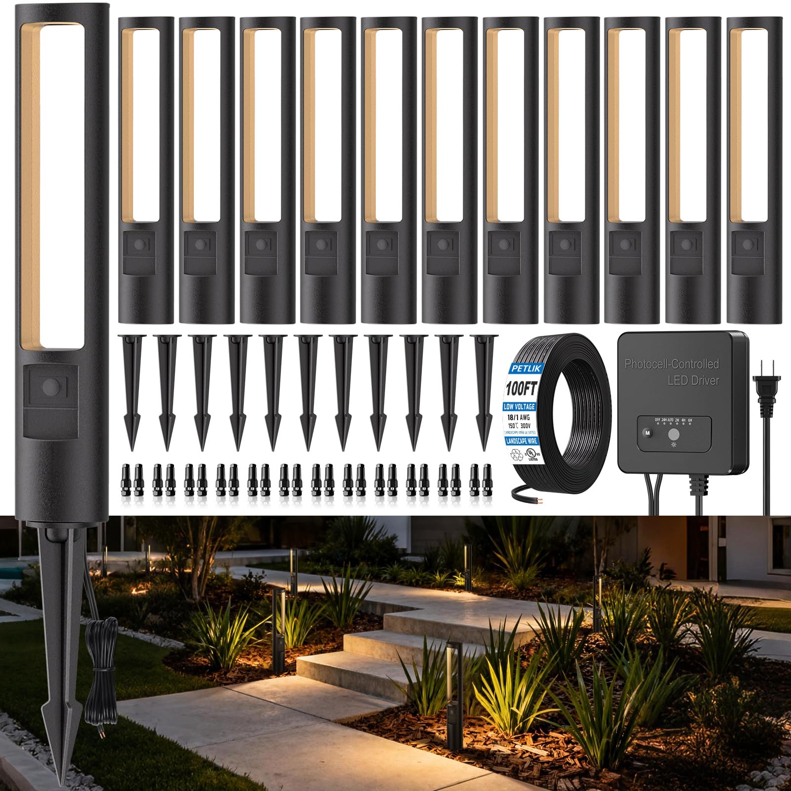 Photo 1 of PETLIK All-in-One Low Voltage Landscape Lighting Kit, 12-Pack Pathway Lights with Transformer Dusk to Dawn Outdoor Lighting 5CCT, IP66 Waterproof Landscape Lights with Connectors for Patio