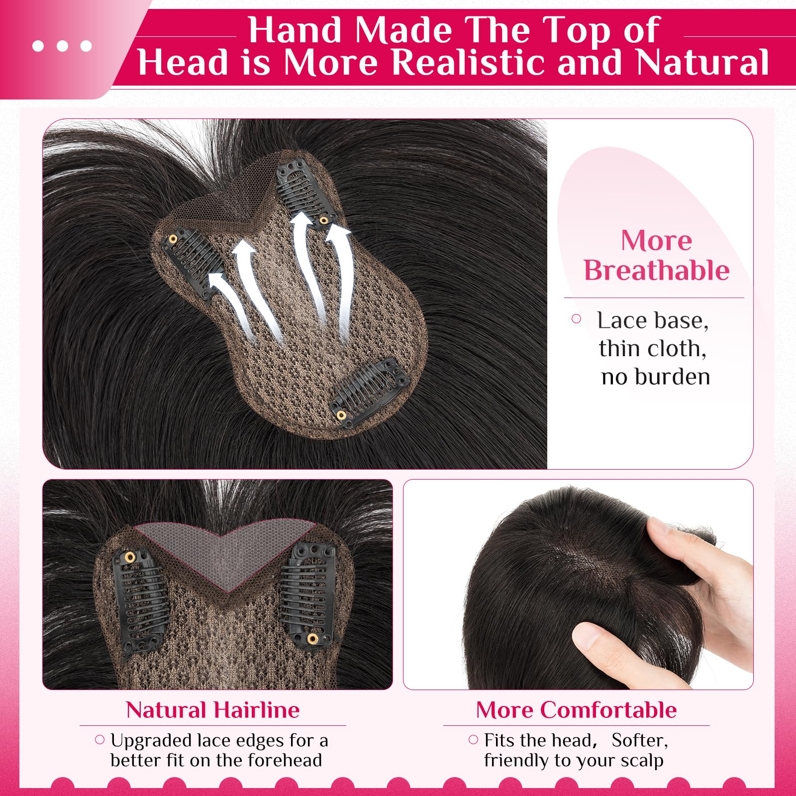 MY-LADY Human Hair Topper With Bangs 8x11cm Silk Base Hair Toppers For Thinning Hair Women Real Hair UK Hairpieces Clip in Extension #1B Natural Black - Image 3