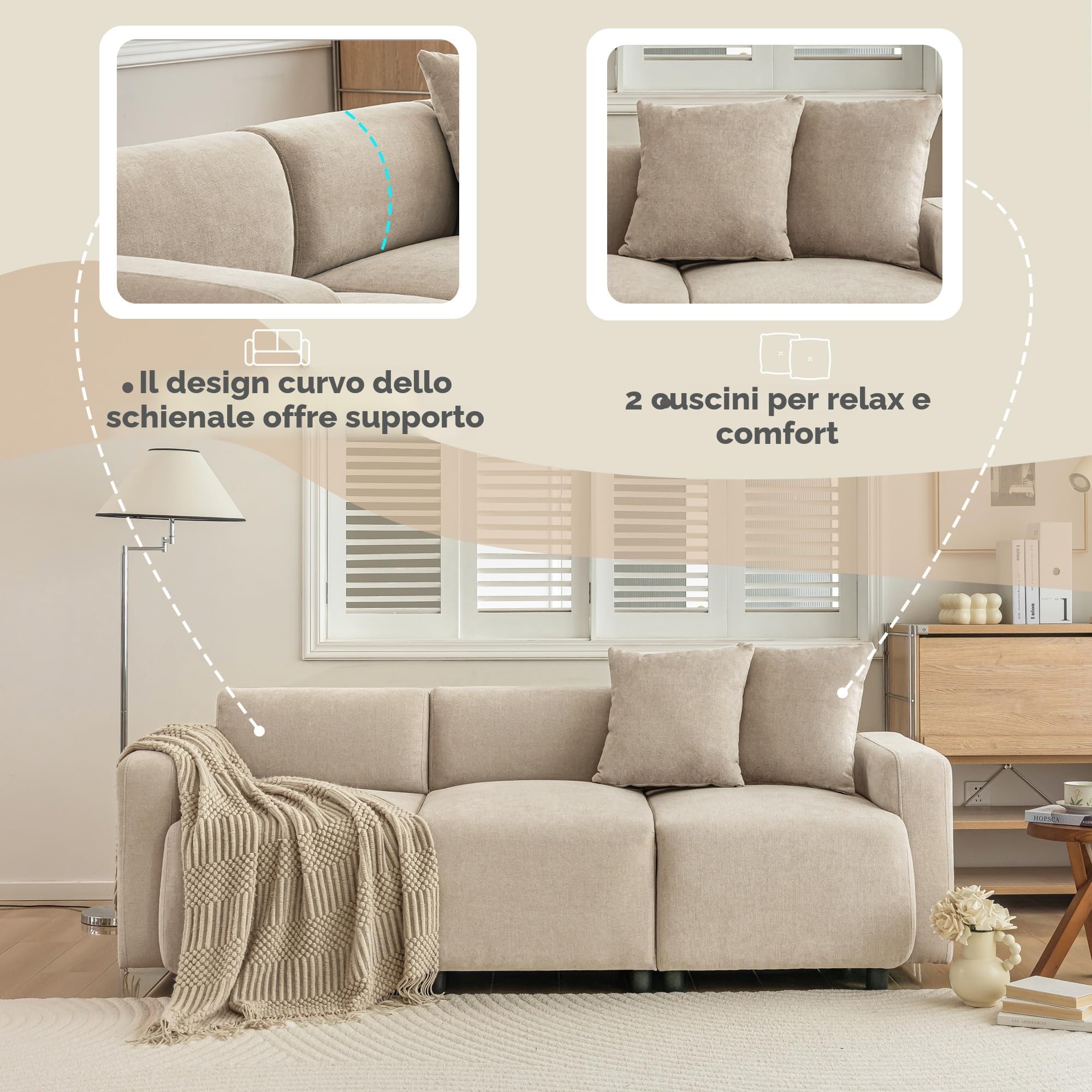 REXO Divano normale, design moderno, mobili imbottiti, divano a 3 posti, divano per soggiorno, con cuscini decorativi (Beige 3 posti)