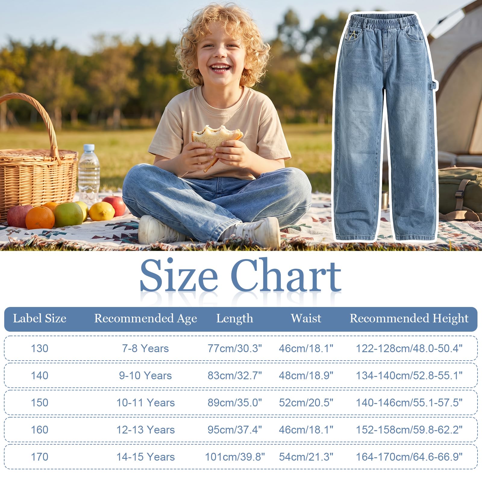 Jeans Baggy Garçon Enfant Pantalon en Denim avec Multiples Poches Taille Élastique Décontracté Loose Fit Coupe Droite Jeans Mode Casual Streetwear Pantalons pour Ado 7-15 Ans