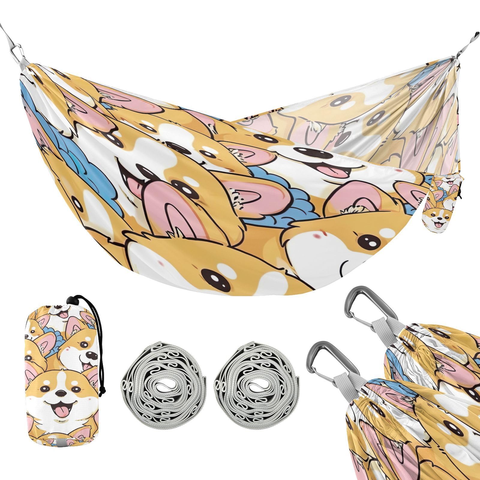 ATTX Beautiful Cartoon Corgi Camping Hammock - Lightweight & Portable Hammocks, Heavy Duty 330lbs Capacity for Indoor, Hiking, Backpacking, Travel, Backyard, Beach#412