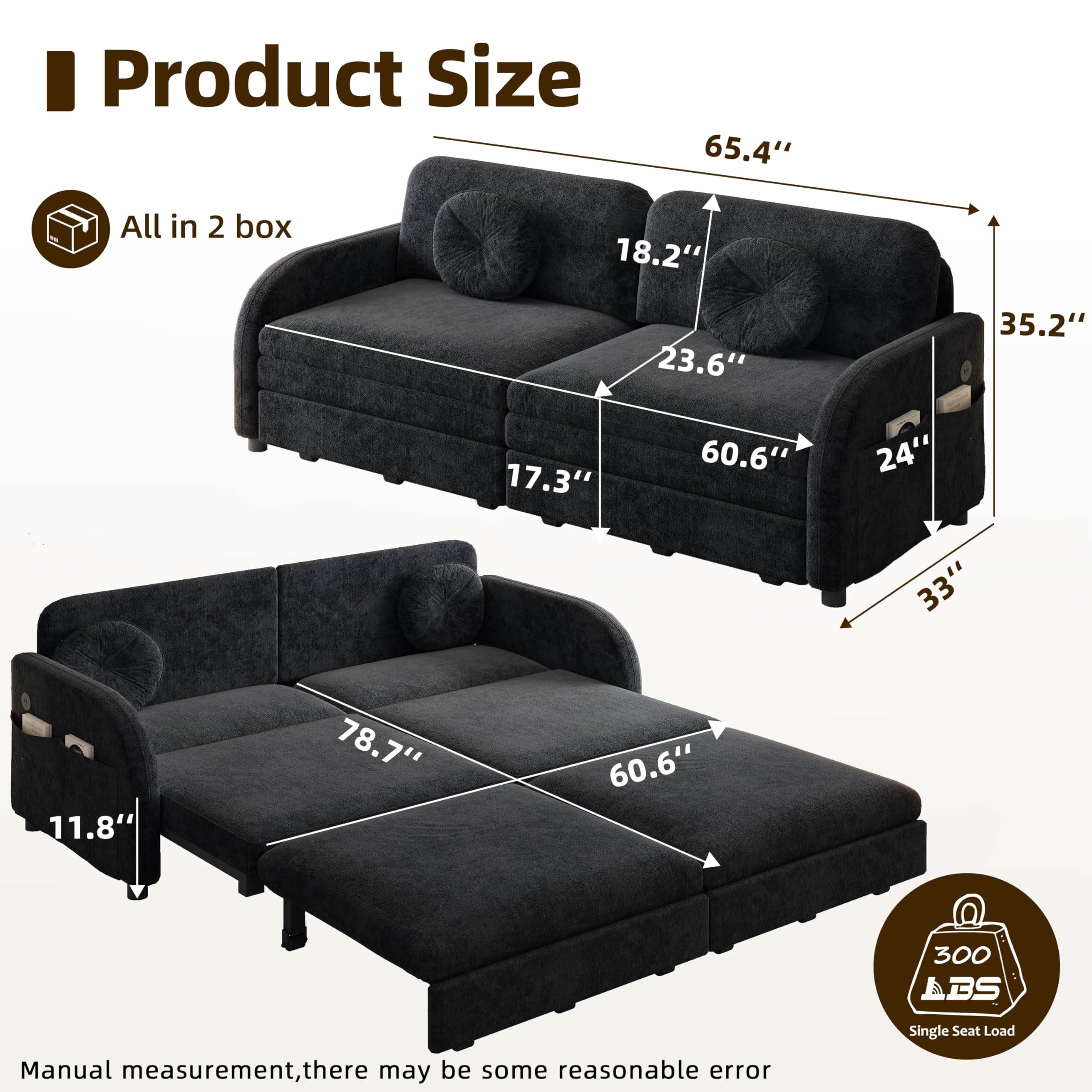 65.4'' Sleeper Sofa Bed Queen Size, 3in1 Convertible Pull Out Couch, Black | Modern Chenille Upholstered Loveseat, USB Charging, Side Pockets, 2 Pillows, for Living Room, Small Spaces, RV, Apartment