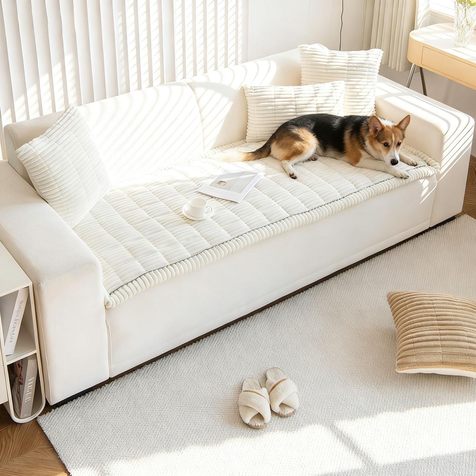 Funda de sofá para mascotas, terciopelo suave, antideslizante, universal, lavable, para sofás de 2, 3, 4 plazas, manta para perro, gruesa y cómoda, color blanco, 80 x 210 cm