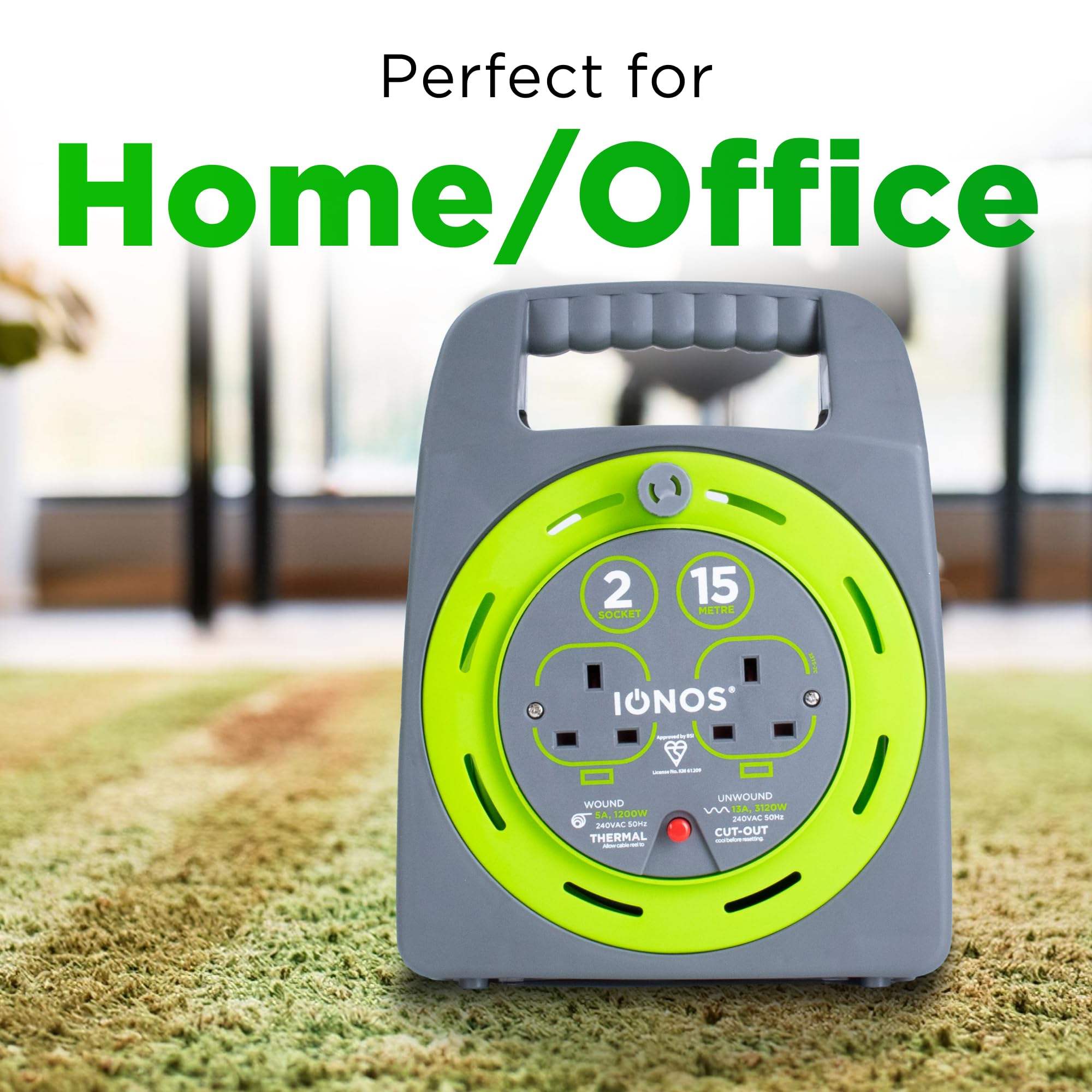 IONOS 2 Socket Cable Reel, 15m, Green, 13 Amp, Thermal Cut Out, Heavy Duty, Outdoor Extension Lead, Ideal for Garden DIY - Image 2