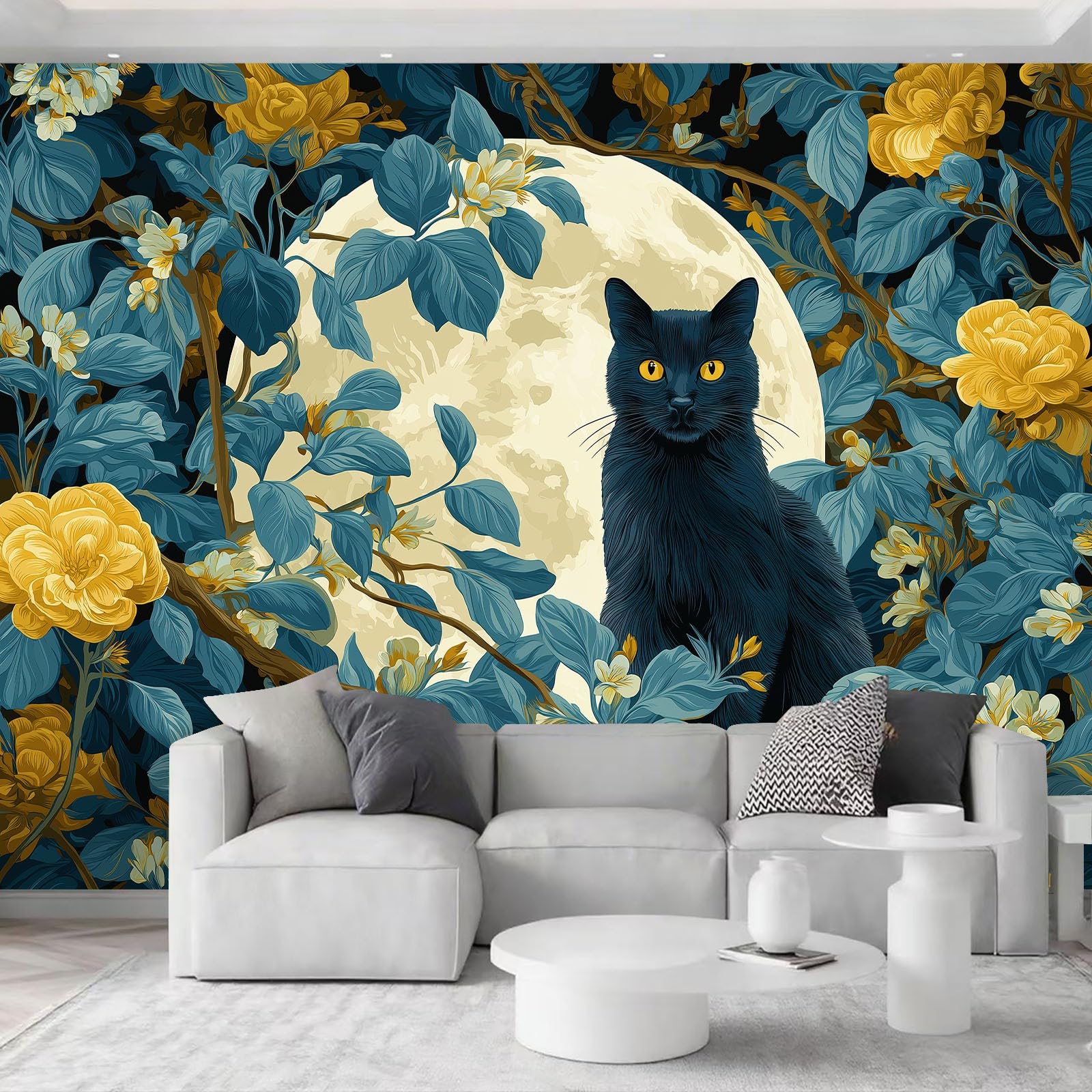 Zwierzęta, koty, kwiaty, księżyc, sztuka, fototapeta, 500 x 280 cm, efekt 3D, obraz ścienny, tapeta z włókniny, nowoczesna tapeta ścienna, do salonu, pokoju dziecięcego, sypialni, tło TV, dekoracja