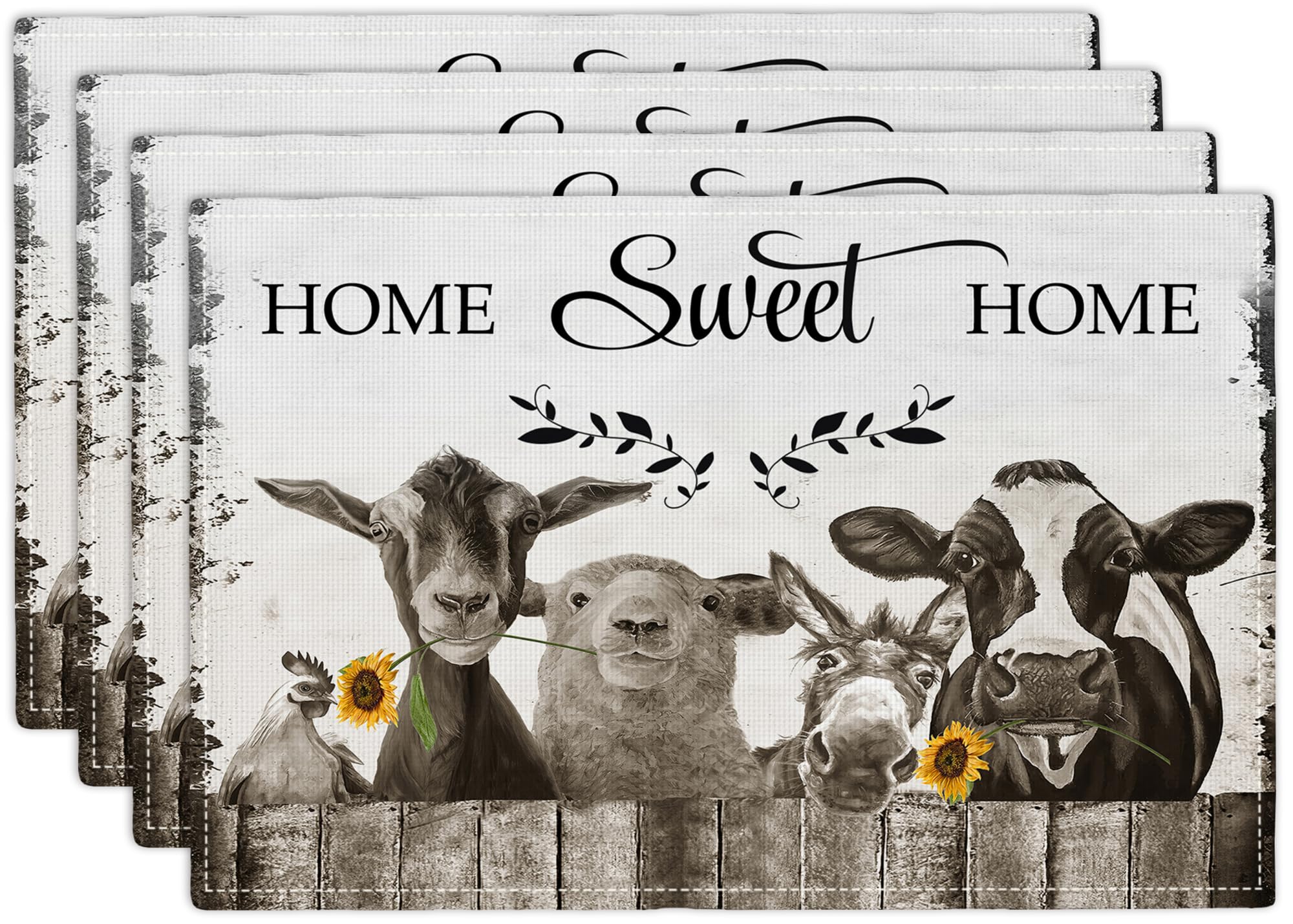 Farmhouse Placemats Set of 4 Funny Animal Table Mats Black and White Washable Place mats for Party Kitchen Dining Decoration 12x18 Inch