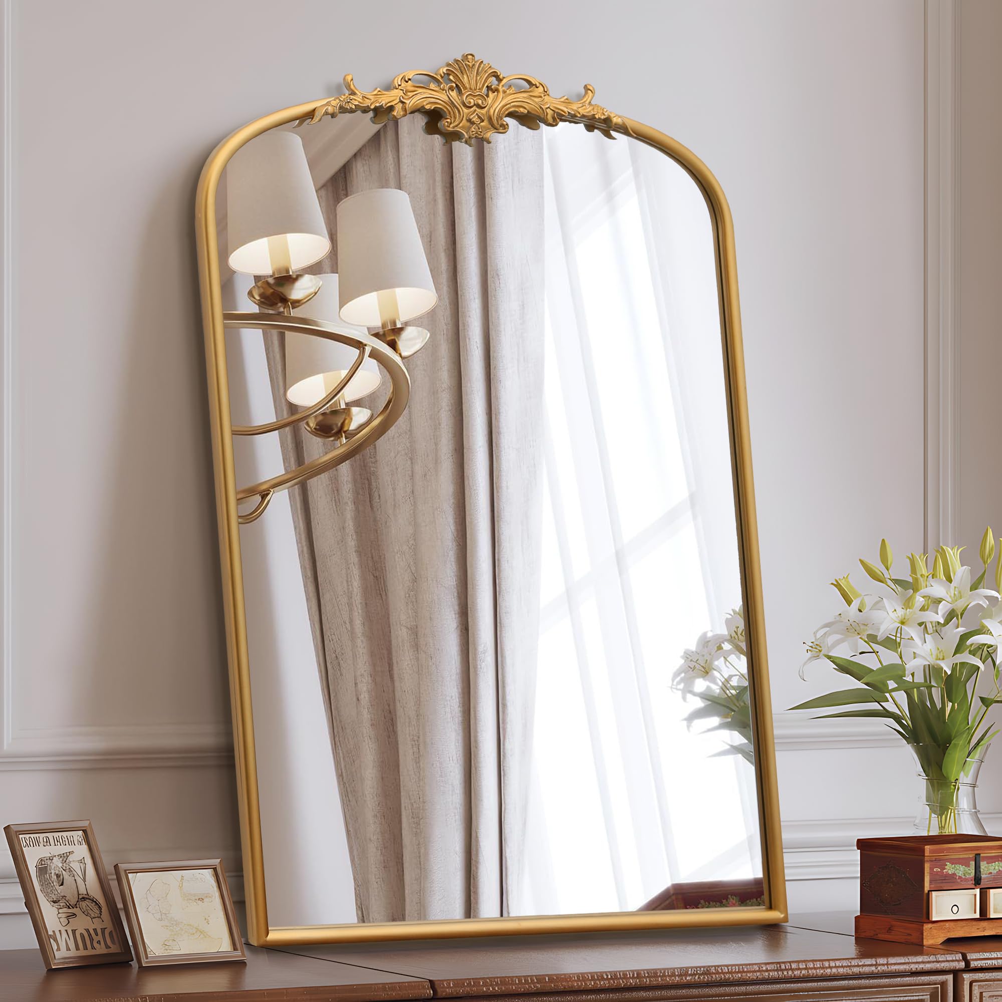Besdomus Antique Arched Wall Mirror: 24"x36" French Large Arch Gold Vintage Vanity Mirror - Decorative Baroque Traditional Ornate for Entryway/Bedroom/Bathroom - Ideal for Bathroom Renovations