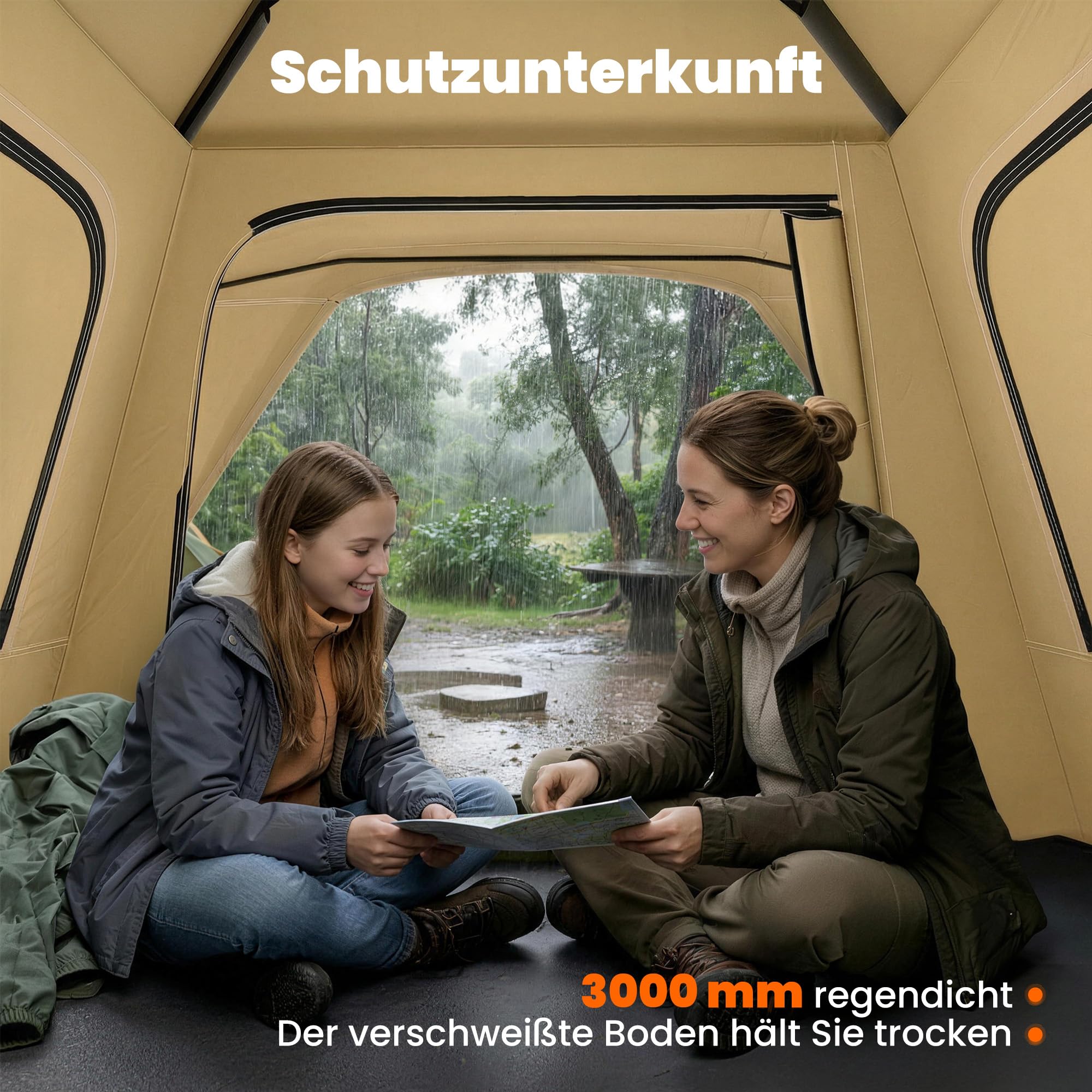 Outsunny Instant-Pop-Up-Zelt mit Regenschutz Outdoor Familienzelt Khaki | Für 2-3 Personen, Wasserdicht, Kuppelzelt, 2 Türen, 2 Fenstern, Tragetasche