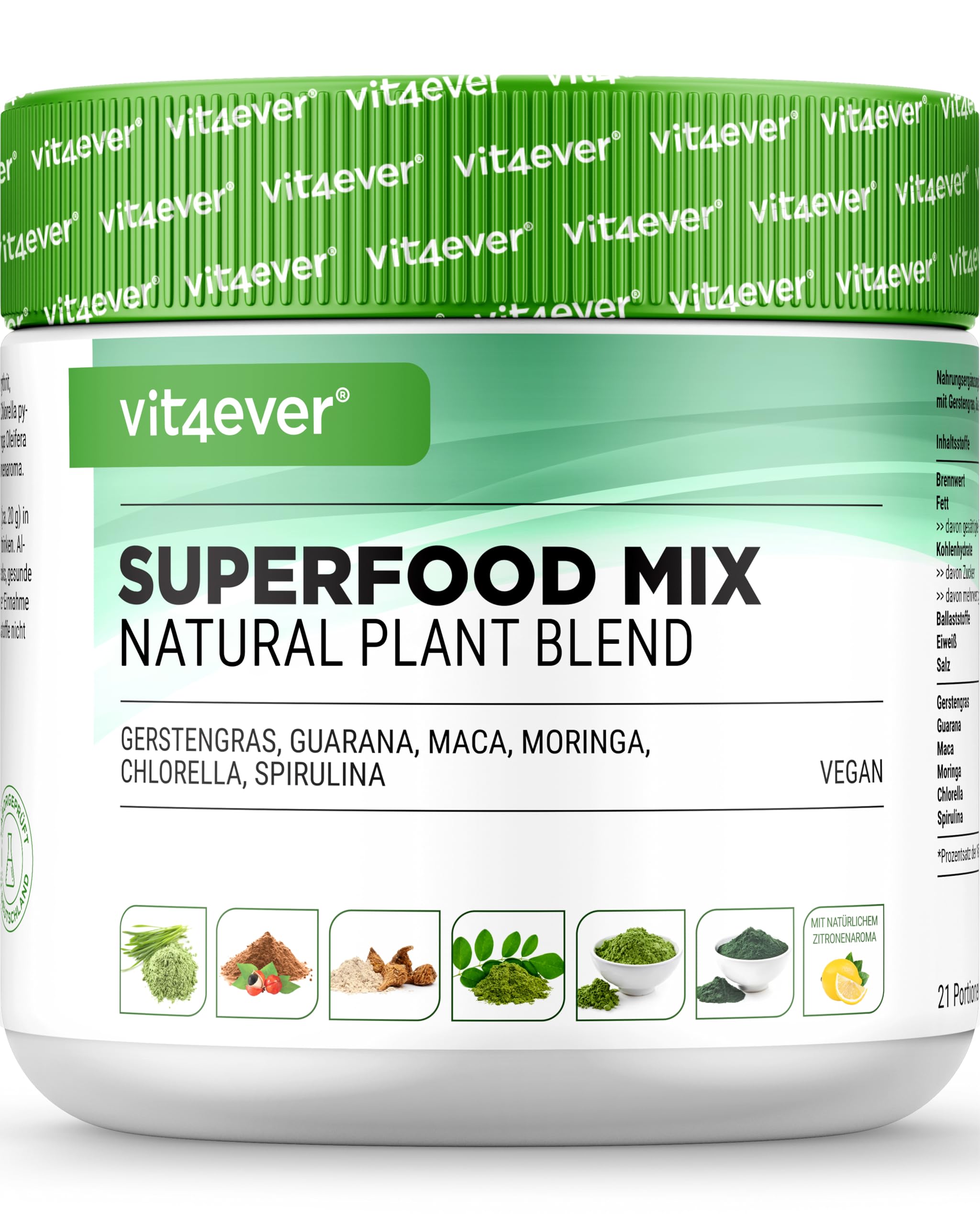 vit4ever Superfood Mix Pulver - 420 g - natürlichem Zitronengeschmack | 6 Superfoods Gerstengras, Spirulina, Chlorella, Moringa, Maca & Guarana, vegan