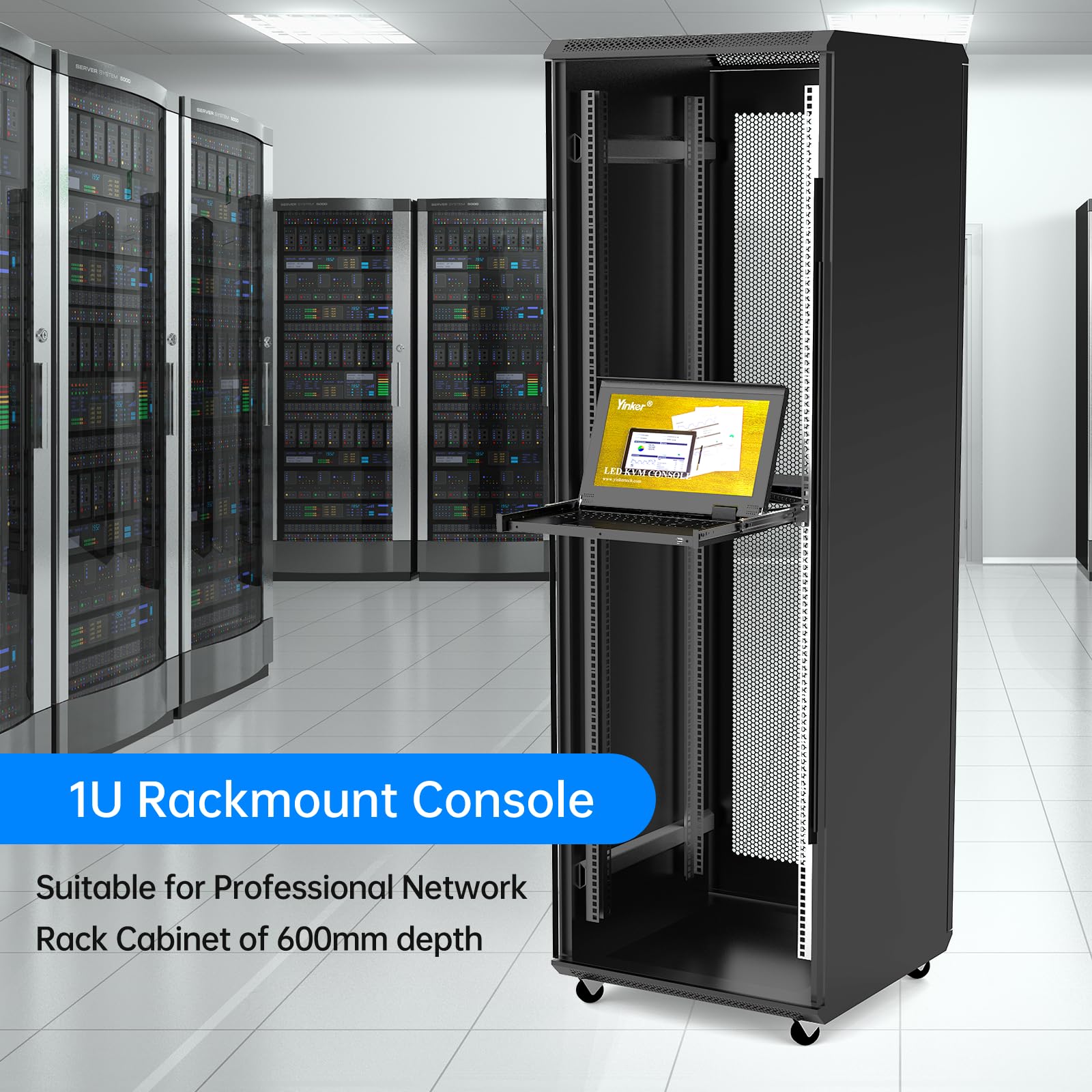 Console KVM LCD 16 ports à montage en rack, commutateur KVM Yinker VGA avec écran LCD de 15,6", convient pour armoire serveur réseau 1U 19" de 600 mm de profondeur avec clavier, pavé tactile, tiroir