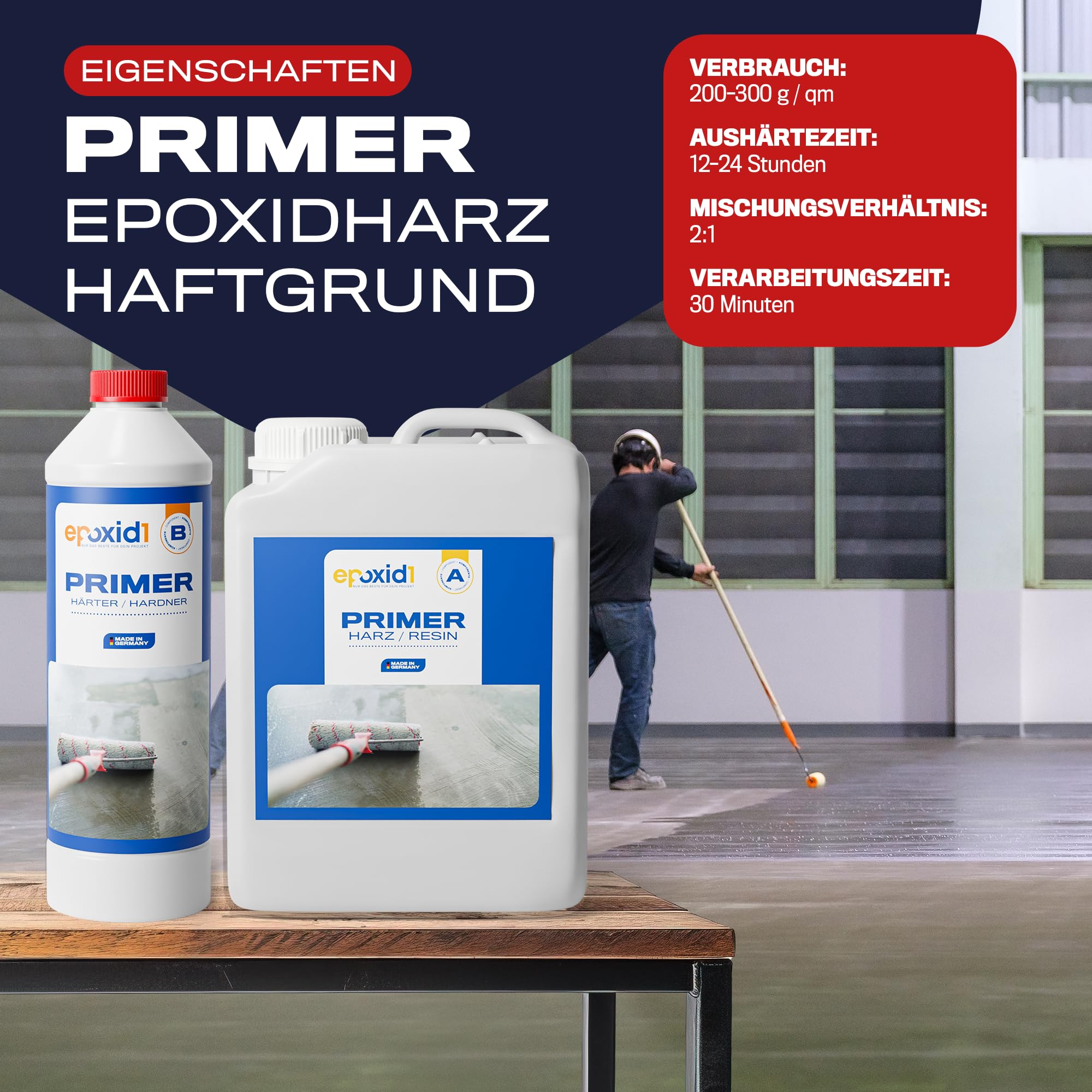 Epoxidharz mit Härter EP-Grundierung - Epoxy Primer, Haftgrund für Bodenbeschichtung, Garage, Werkstatt & Keller, Spezialgrundierung - 2K Epoxid-Harz für Fußboden (~5m² (1.5kg))