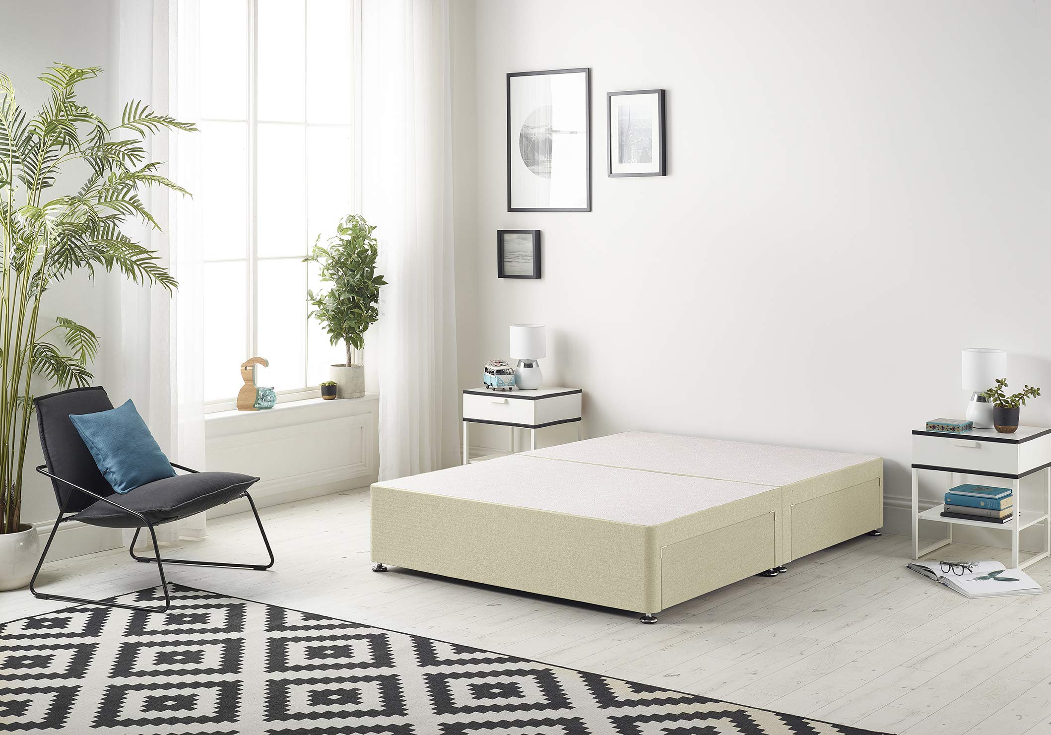 Bed Centre Flexby Divan Base Only with No Drawers and No Headboard - Available in 3ft,4ft,5ft and 6ft- Fabric (5FT King, Linen Beige Fabric) — image 1